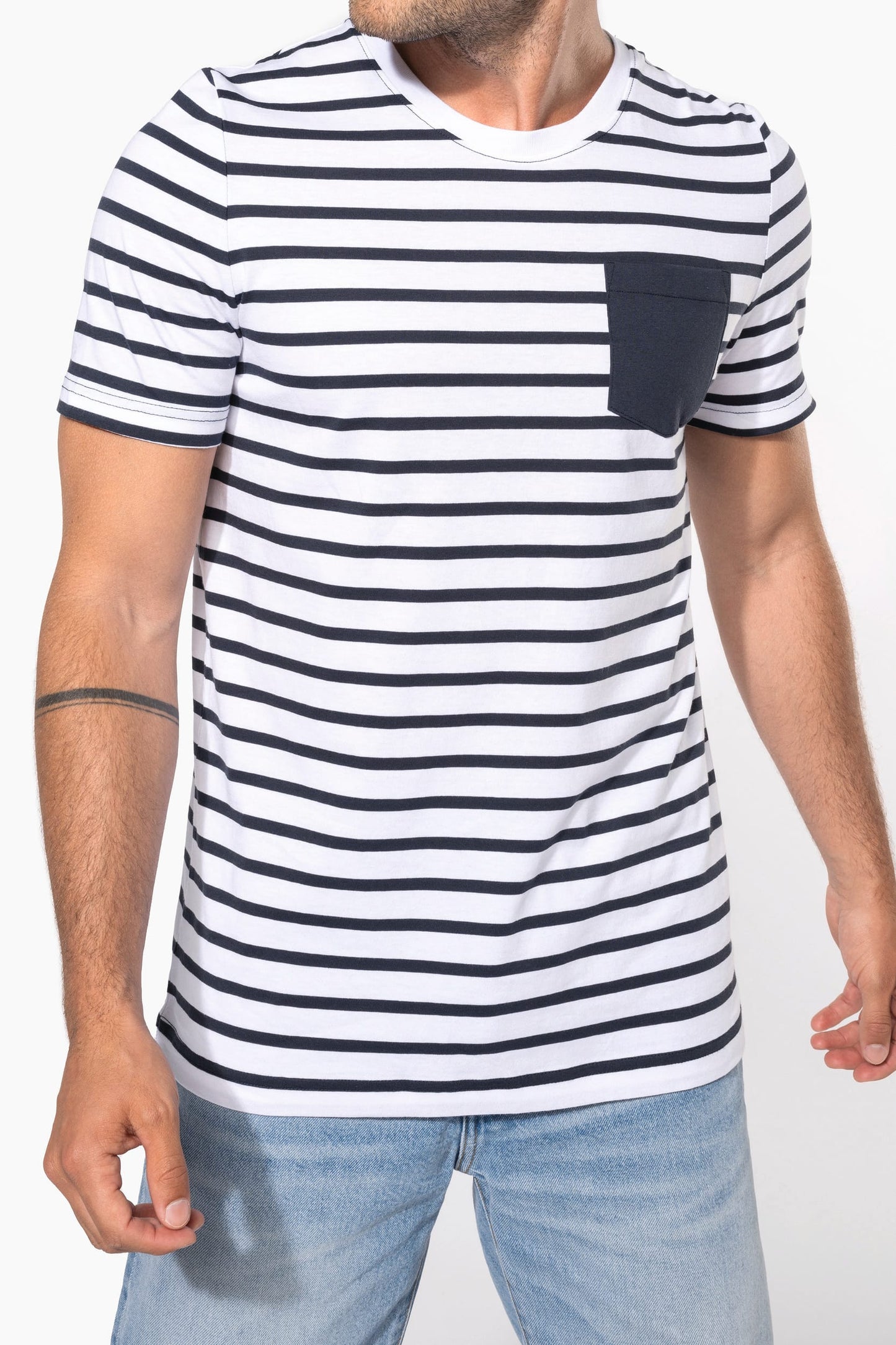 K378 - T-shirt manica corta a righe stile marinaio con tasca