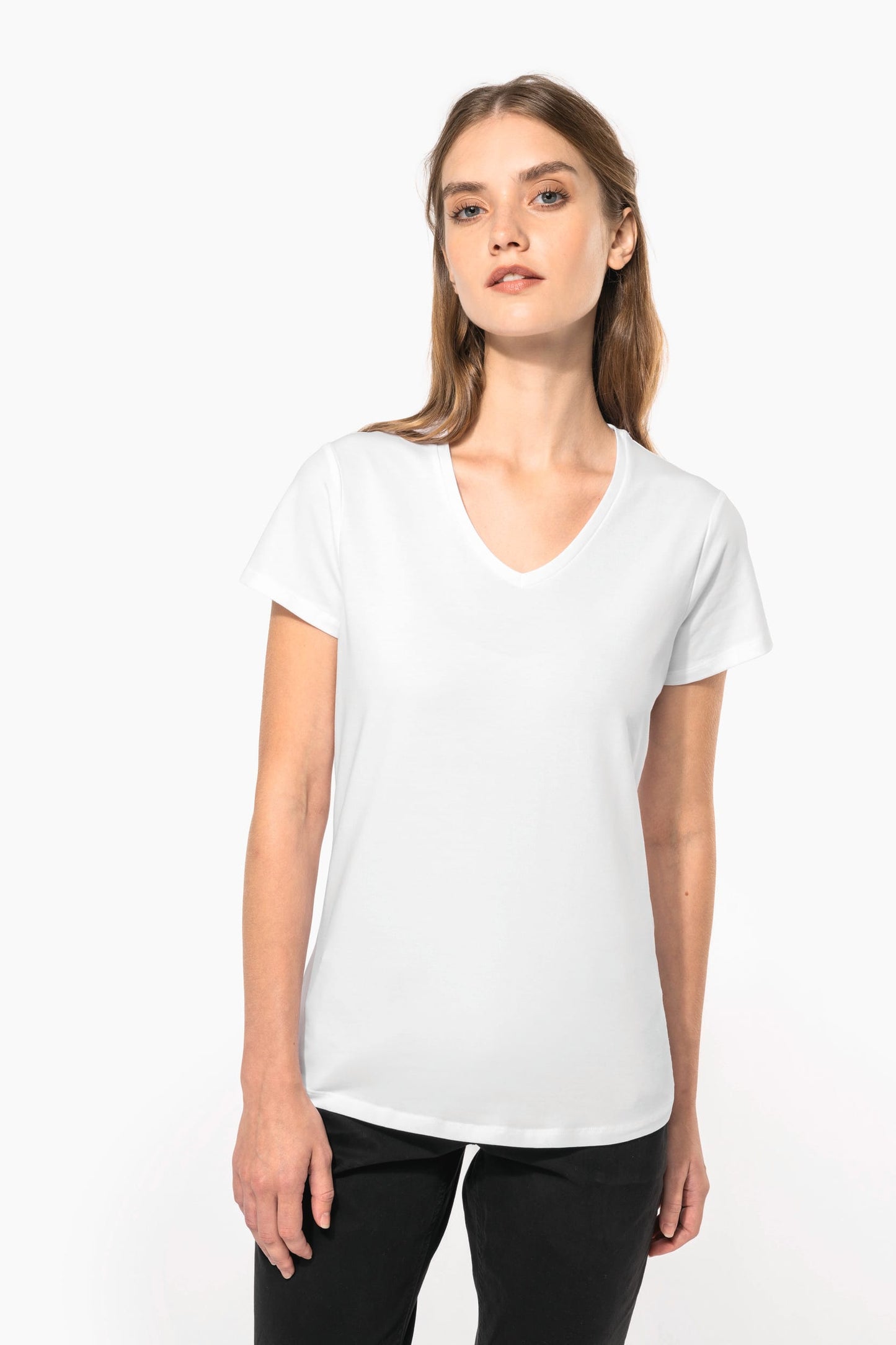 K3015C - T-shirt donna maniche corte con collo a V<br/>