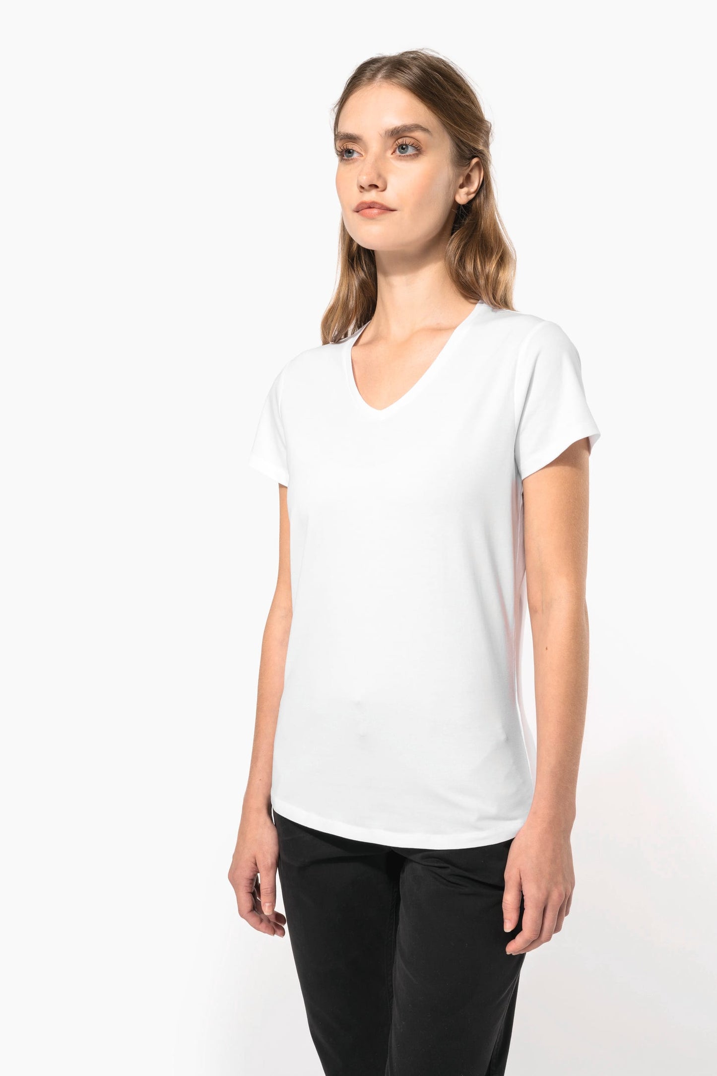 K3015C - T-shirt donna maniche corte con collo a V<br/>
