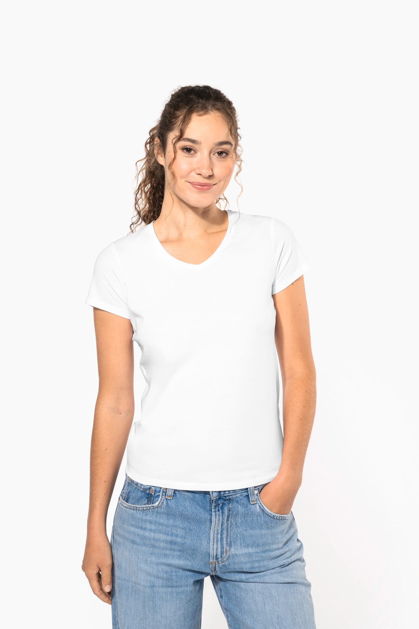 K3015 - T-shirt donna maniche corte con collo a V<br/>