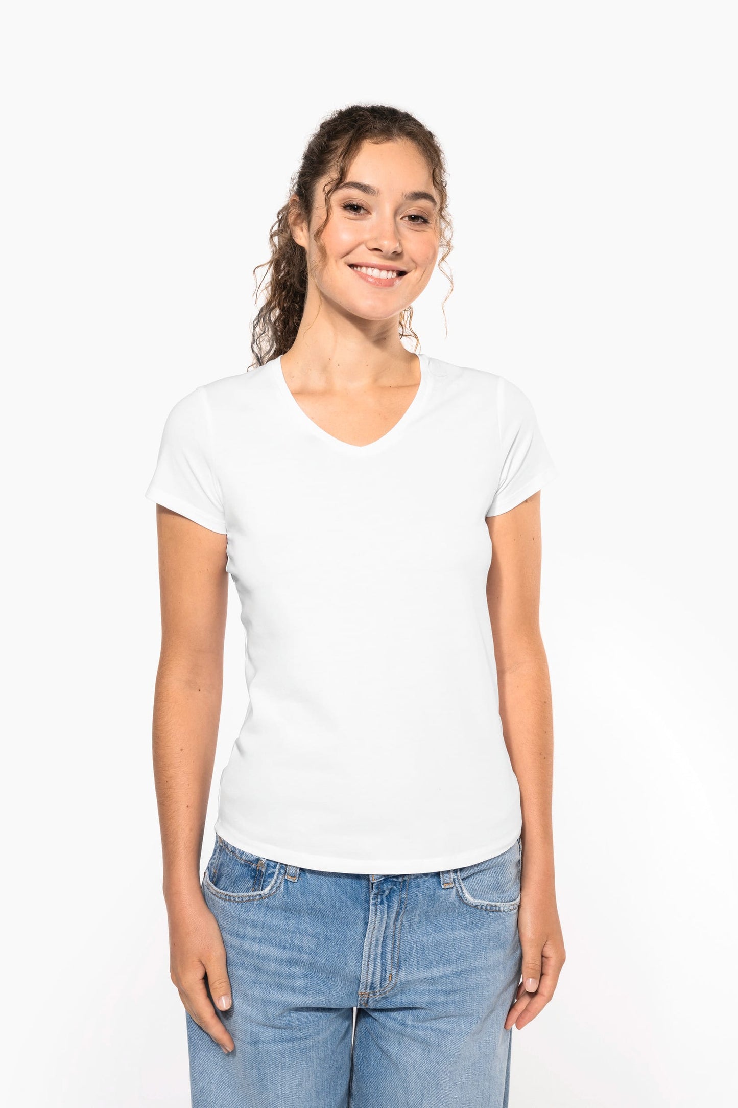 K3015 - T-shirt donna maniche corte con collo a V<br/>