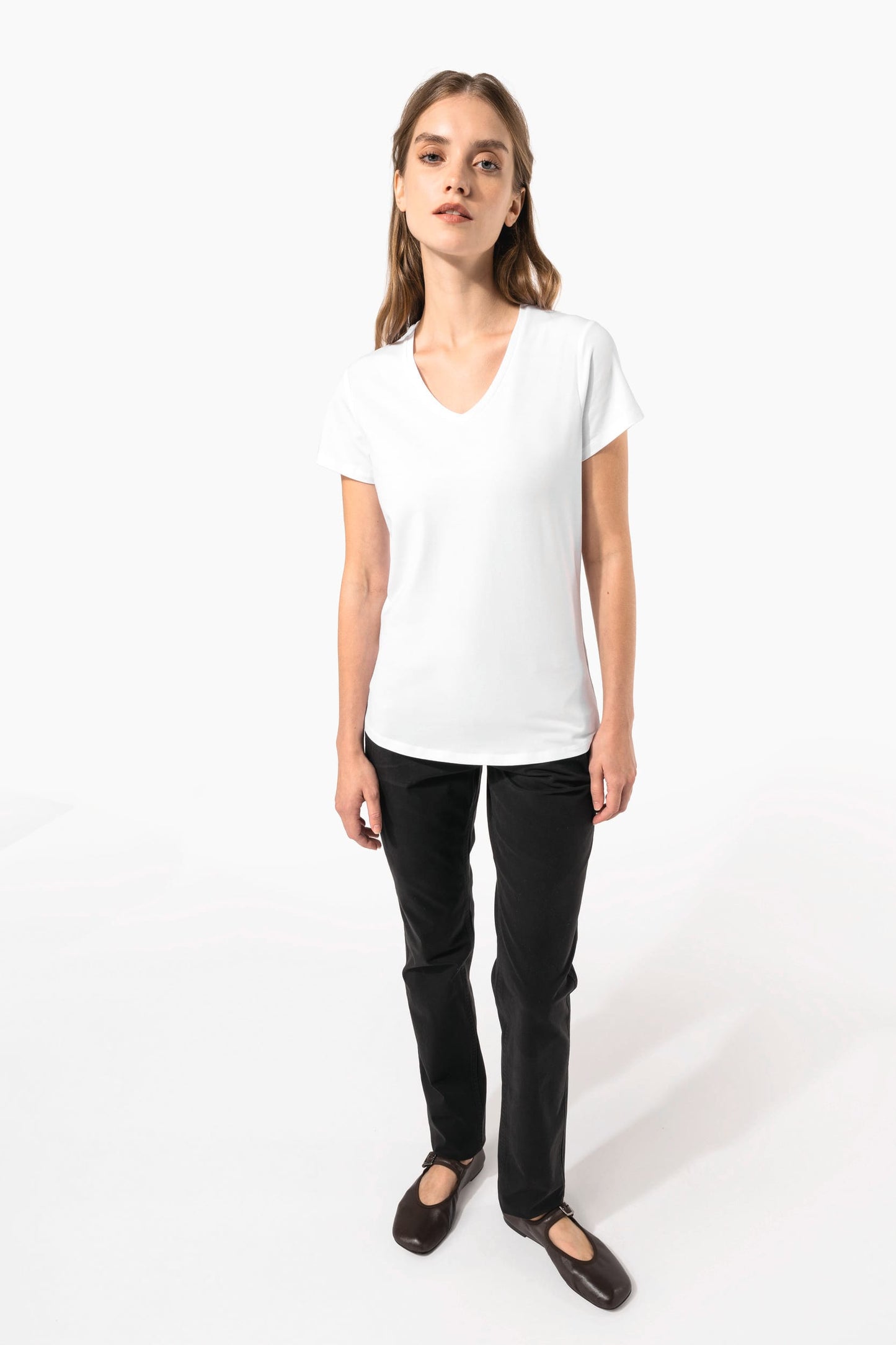 K3015C - T-shirt donna maniche corte con collo a V<br/>