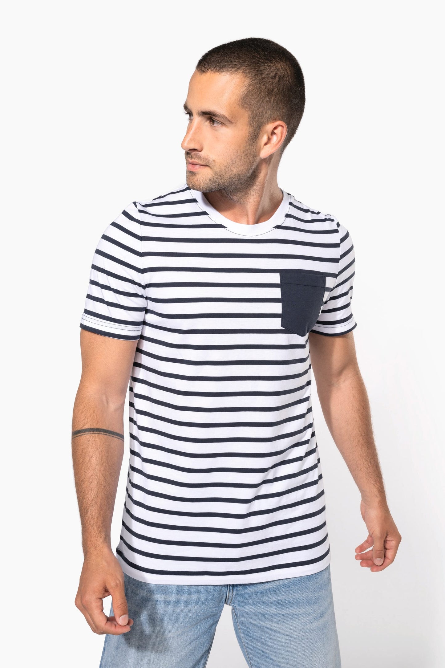 K378 - T-shirt manica corta a righe stile marinaio con tasca