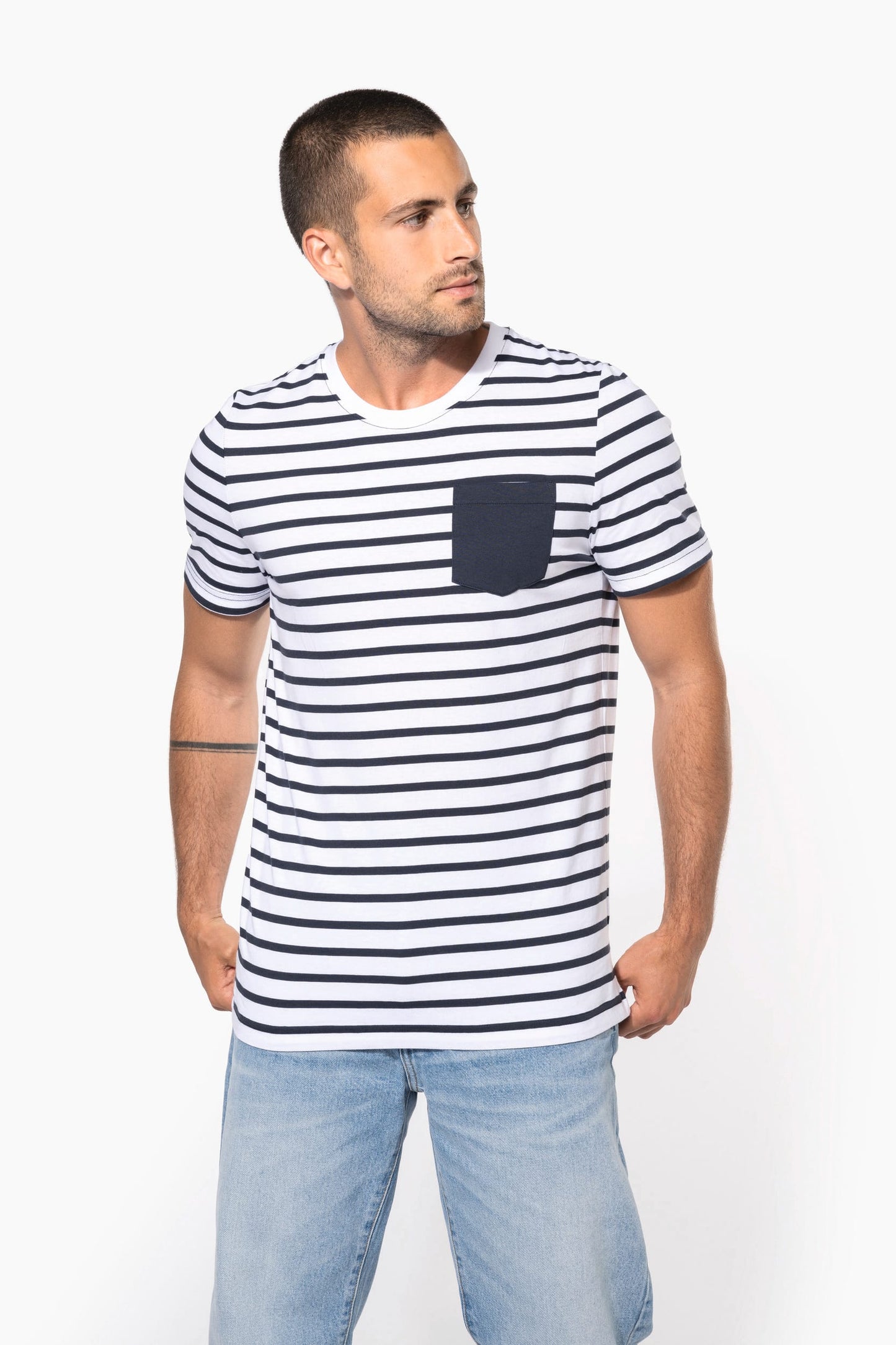 K378 - T-shirt manica corta a righe stile marinaio con tasca