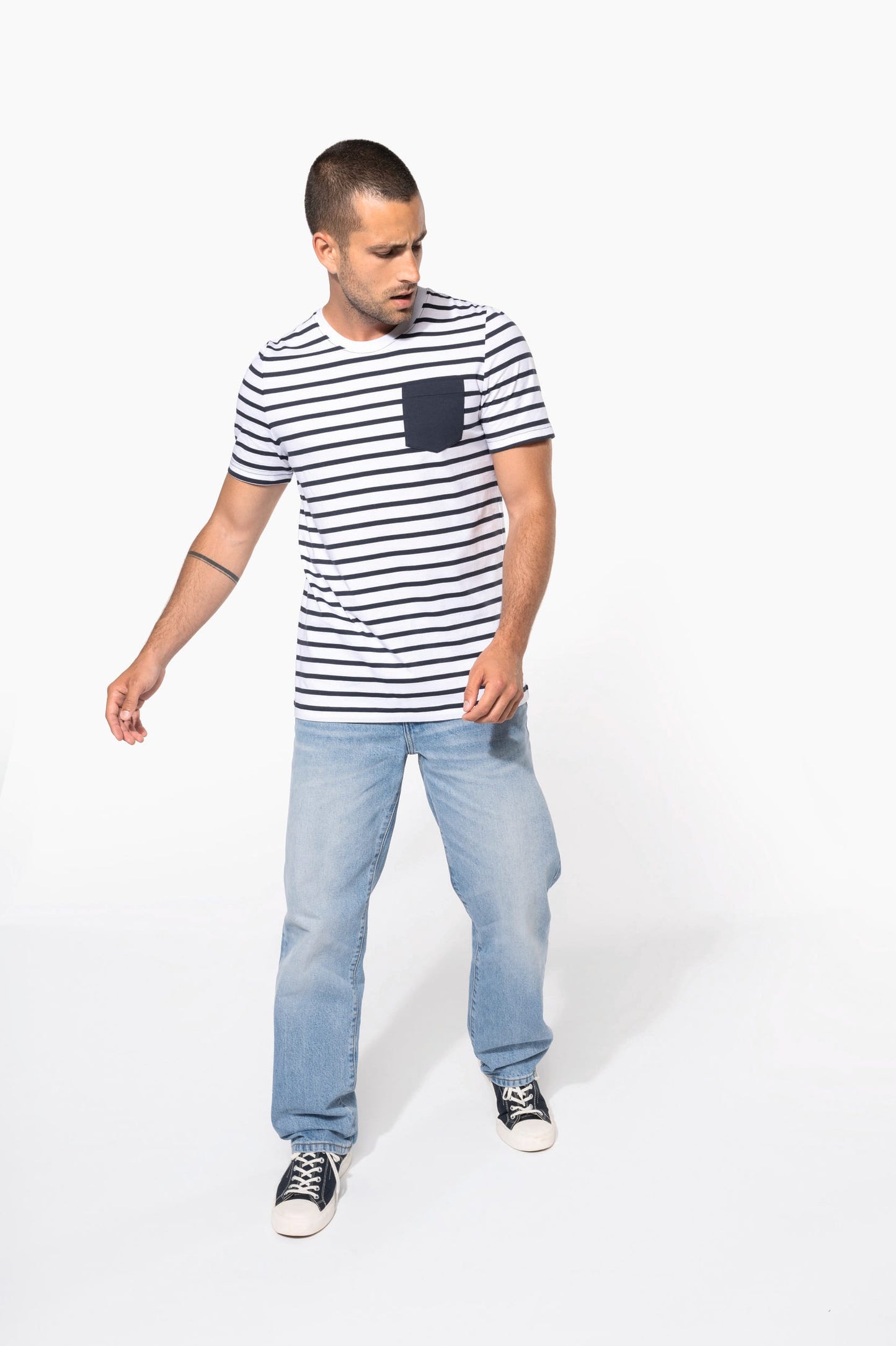 K378 - T-shirt manica corta a righe stile marinaio con tasca
