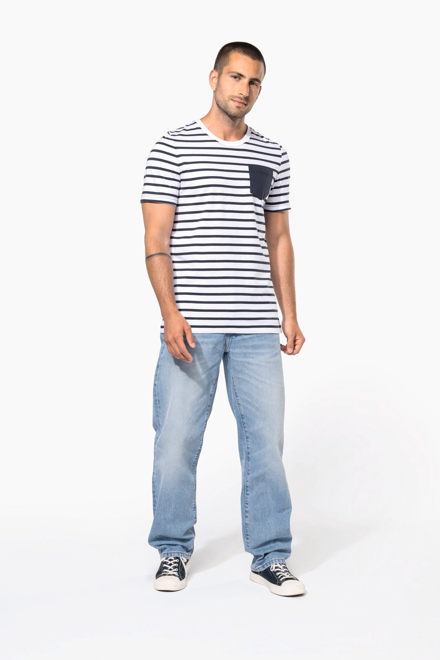 K378 - T-shirt manica corta a righe stile marinaio con tasca