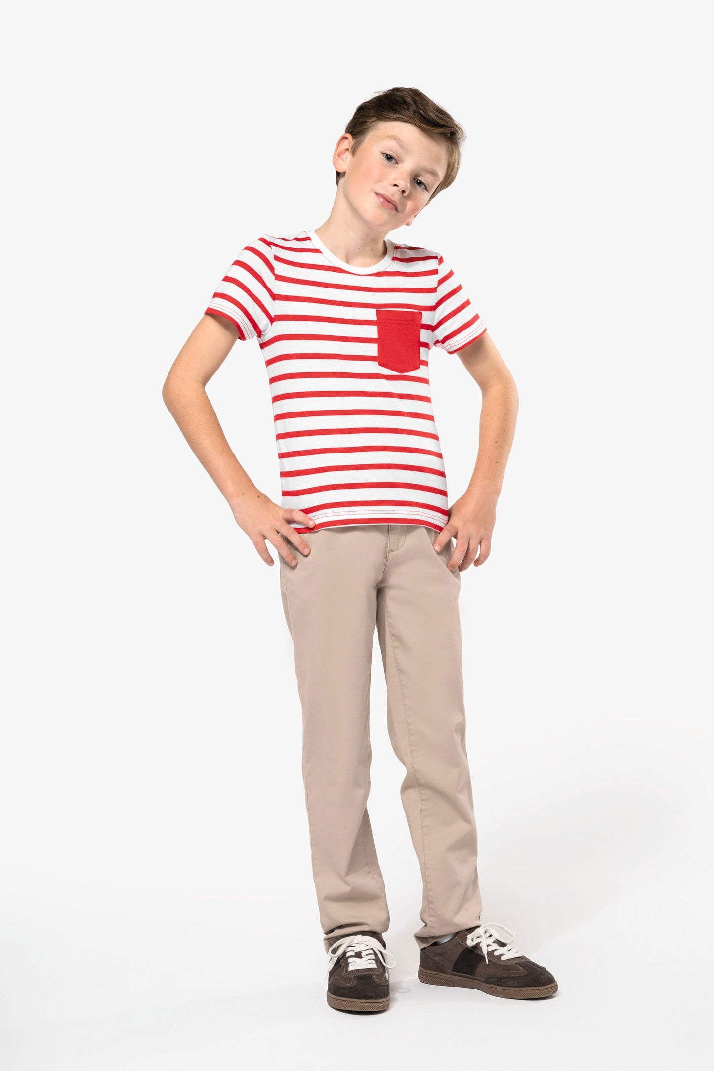 K379 - T-shirt bambino manica corta a righe stile marinaio con tasca