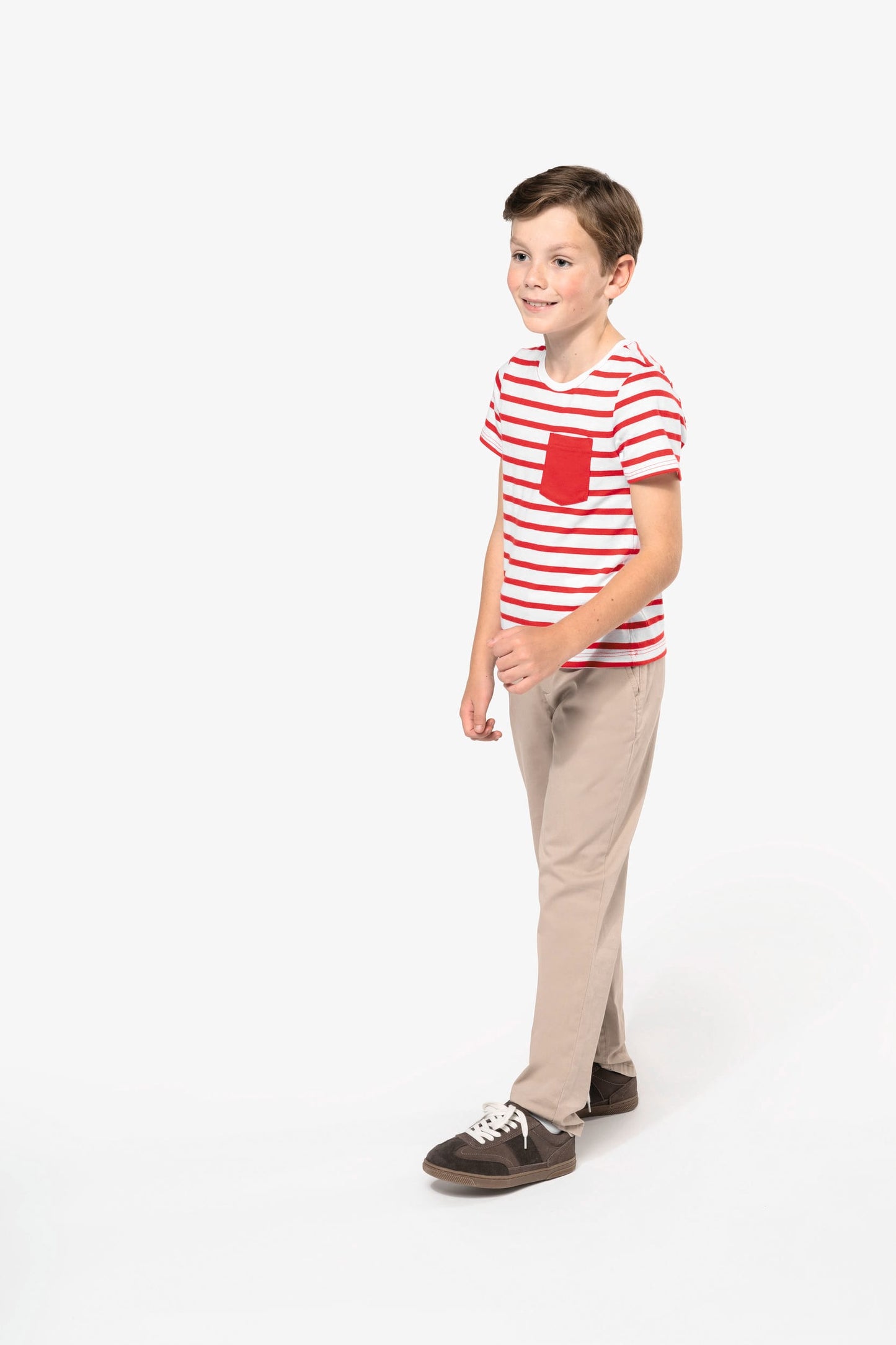 K379 - T-shirt bambino manica corta a righe stile marinaio con tasca