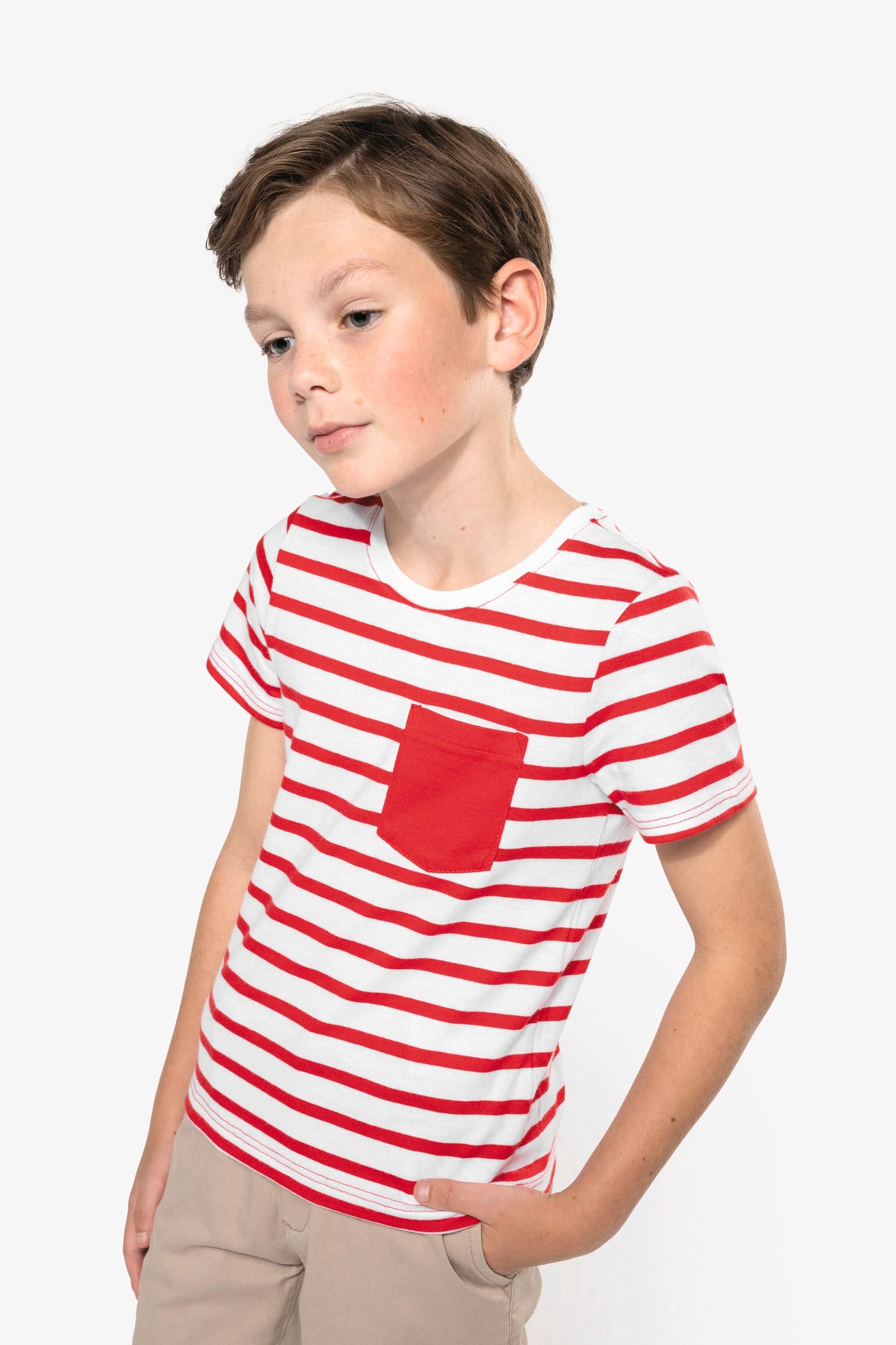 K379 - T-shirt bambino manica corta a righe stile marinaio con tasca