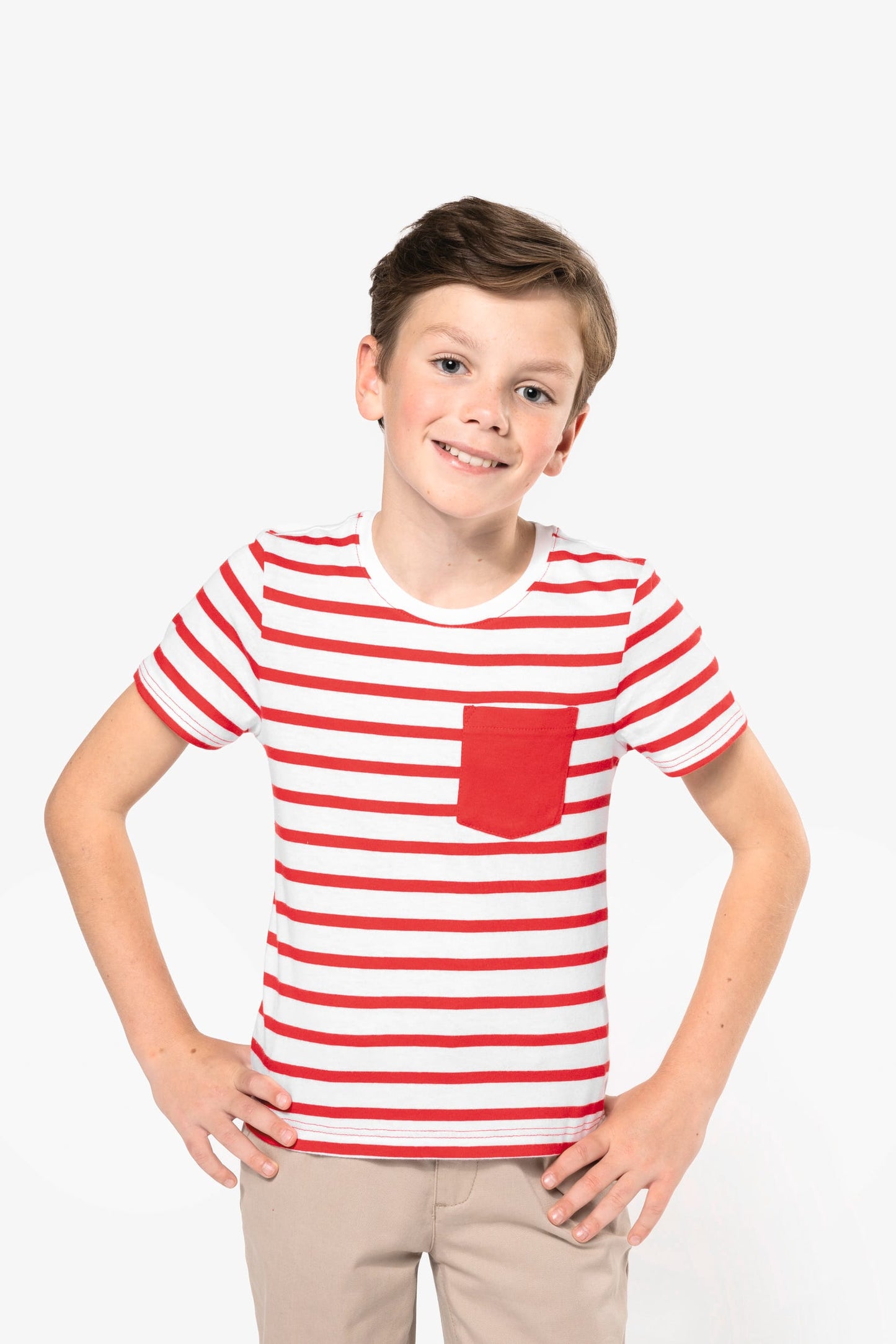 K379 - T-shirt bambino manica corta a righe stile marinaio con tasca