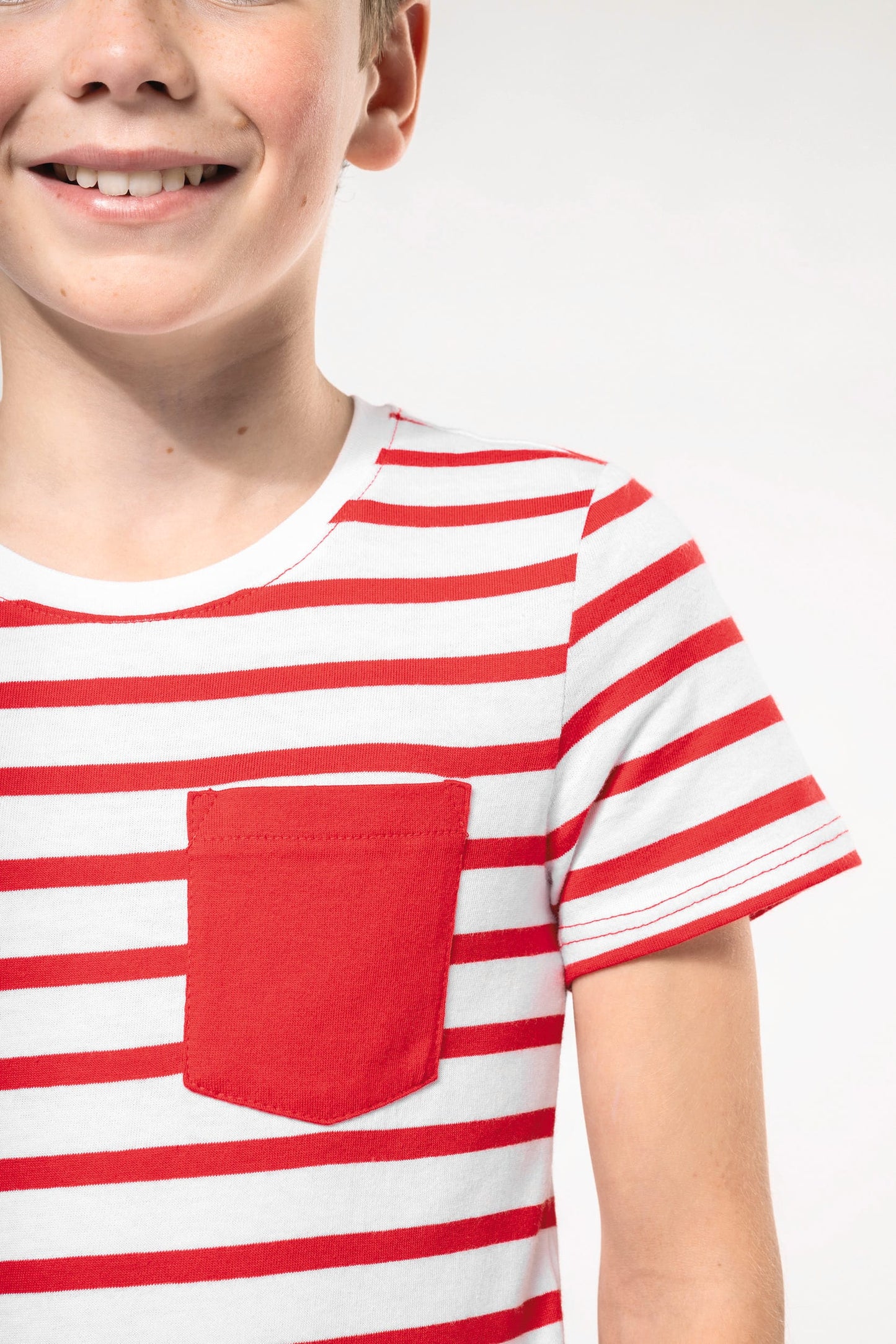 K379 - T-shirt bambino manica corta a righe stile marinaio con tasca