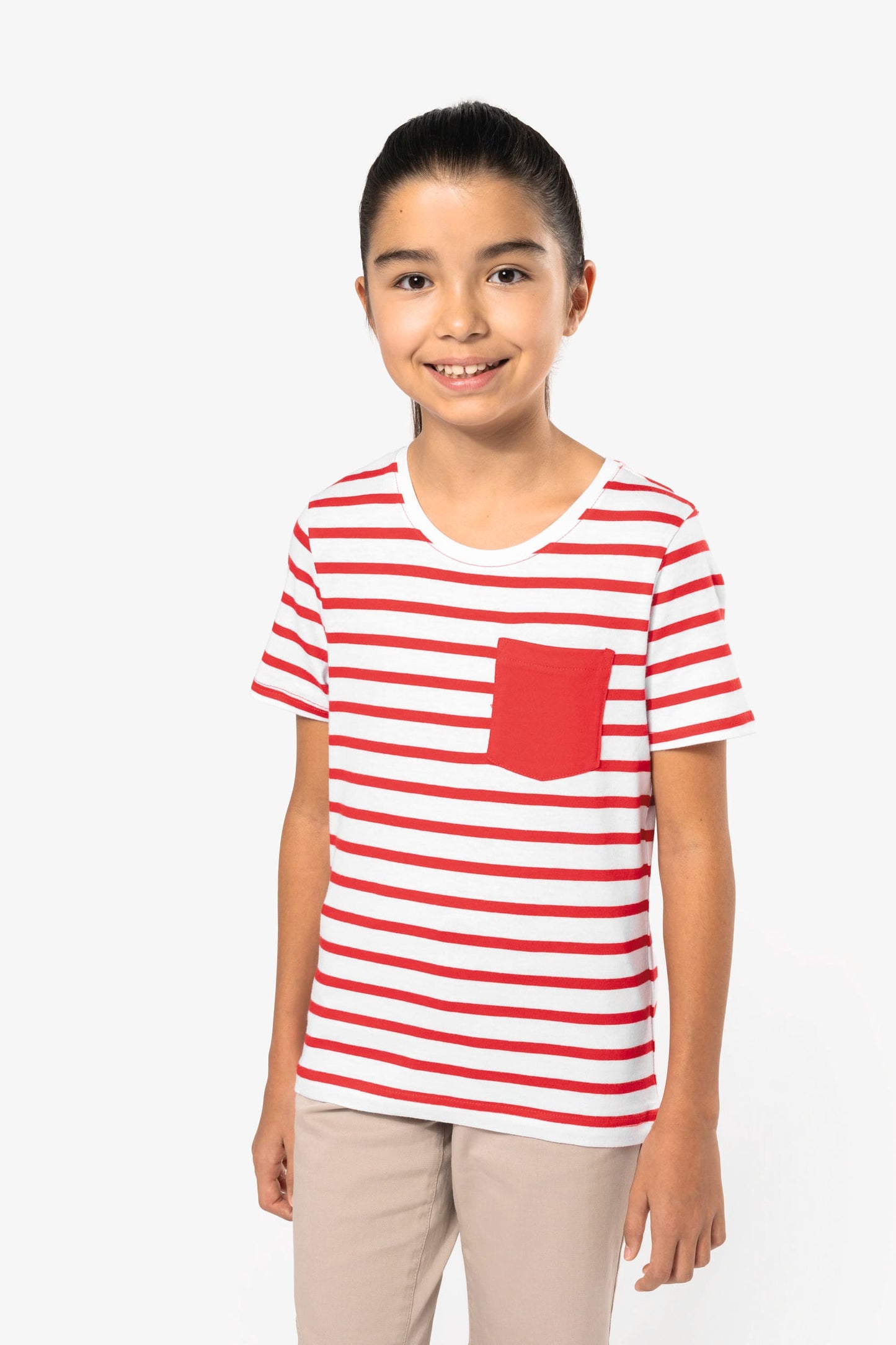 K379 - T-shirt bambino manica corta a righe stile marinaio con tasca