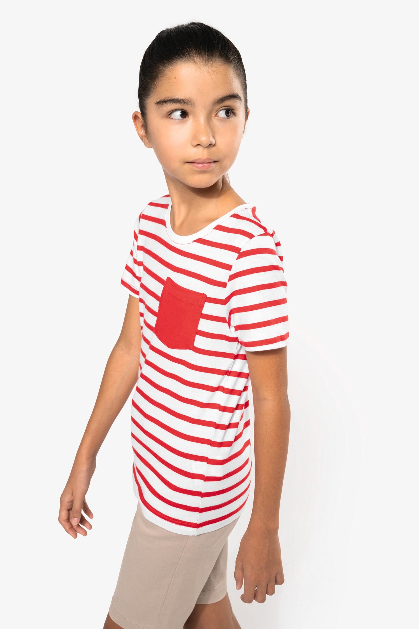 K379 - T-shirt bambino manica corta a righe stile marinaio con tasca