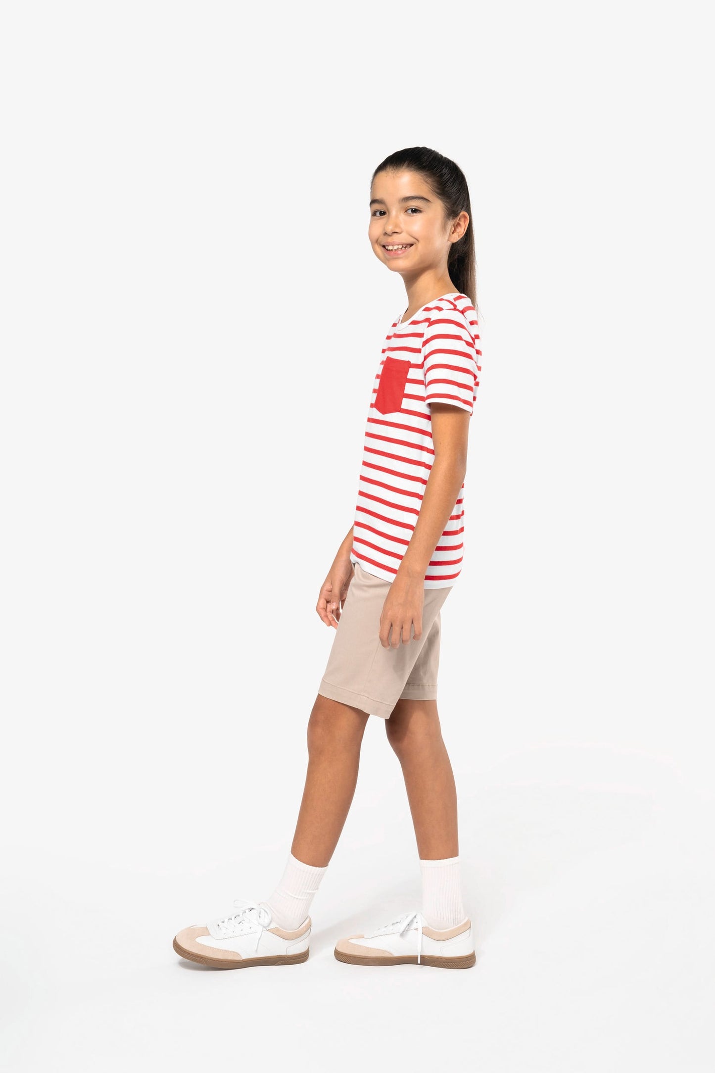K379 - T-shirt bambino manica corta a righe stile marinaio con tasca