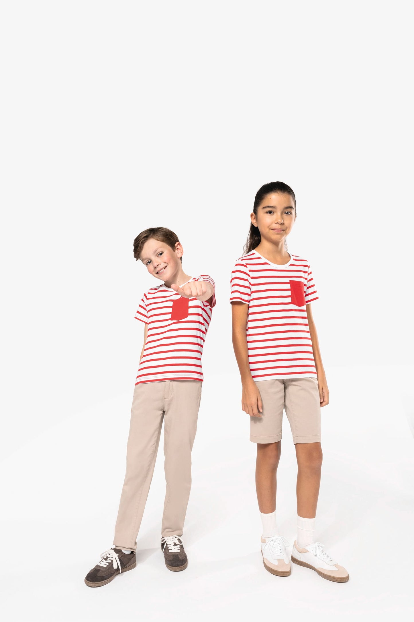 K379 - T-shirt bambino manica corta a righe stile marinaio con tasca