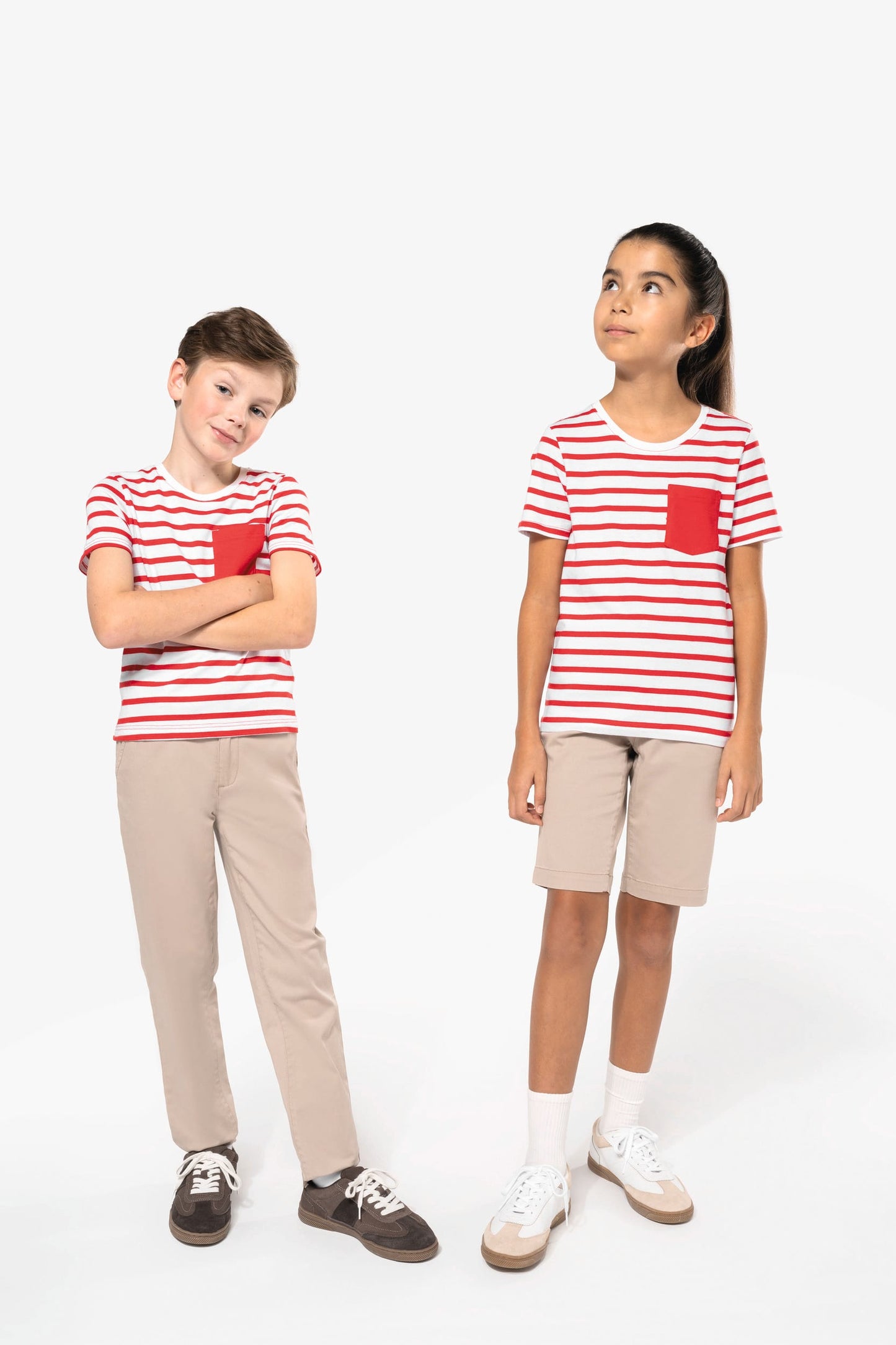 K379 - T-shirt bambino manica corta a righe stile marinaio con tasca