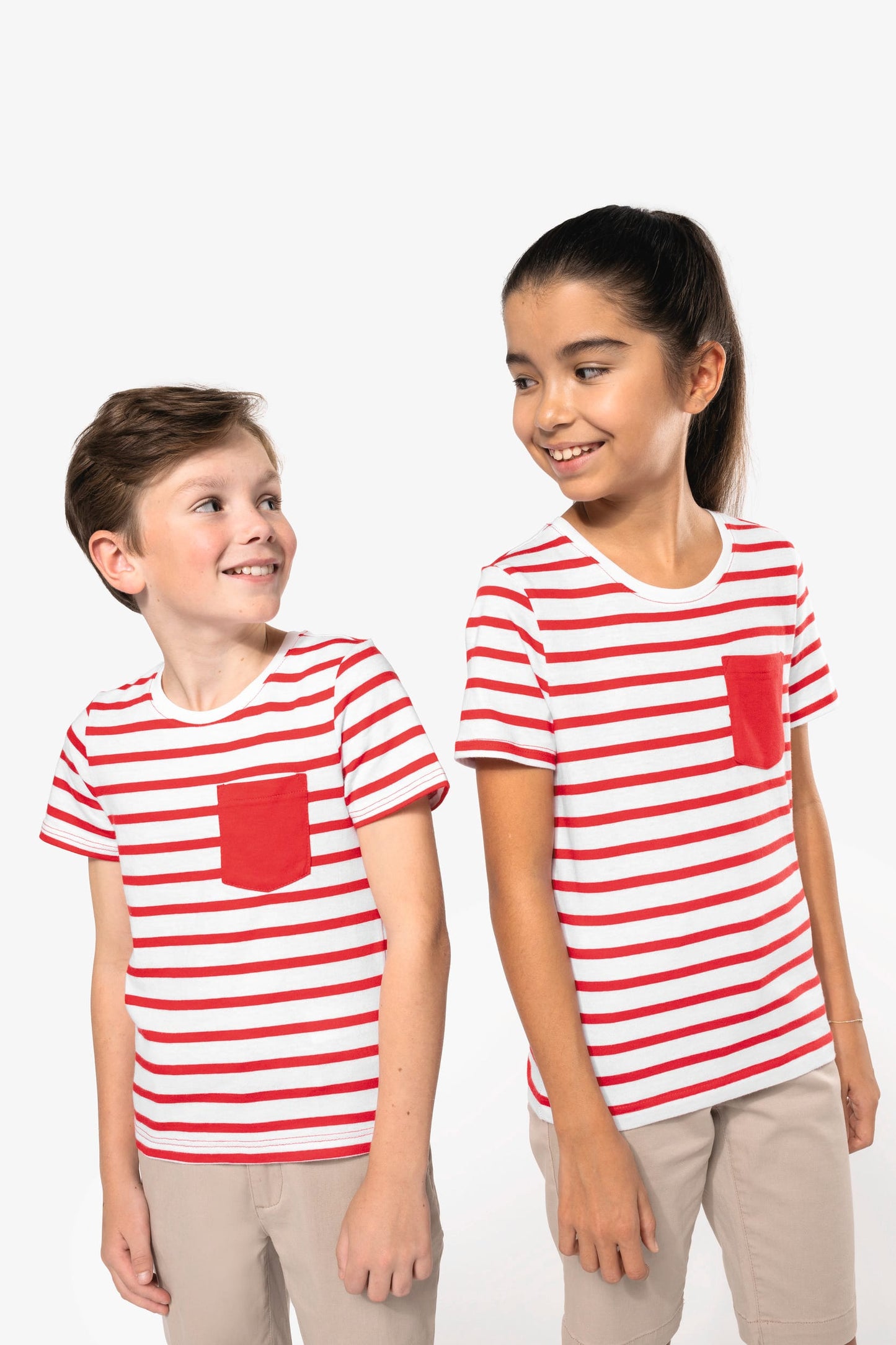 K379 - T-shirt bambino manica corta a righe stile marinaio con tasca