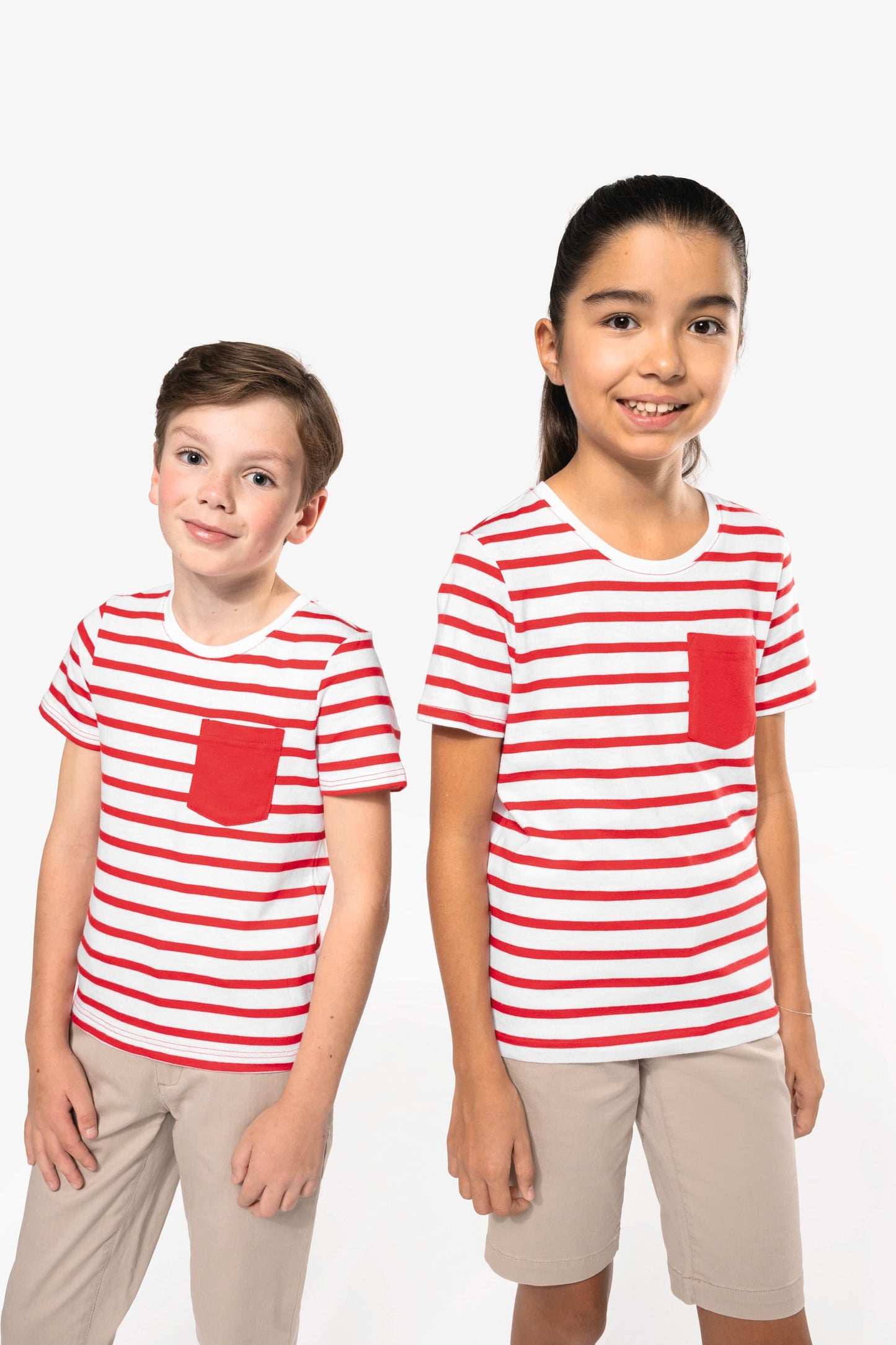 K379 - T-shirt bambino manica corta a righe stile marinaio con tasca