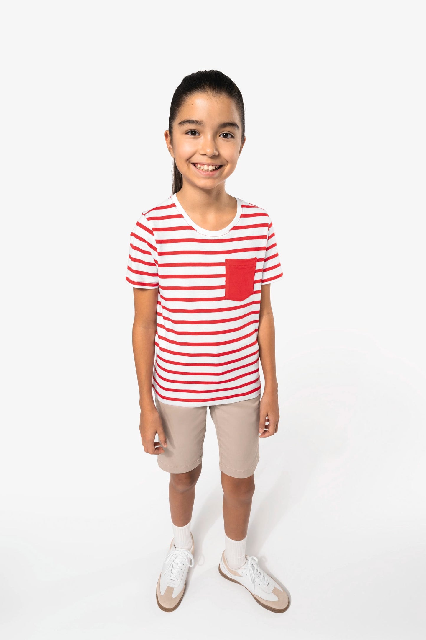K379 - T-shirt bambino manica corta a righe stile marinaio con tasca