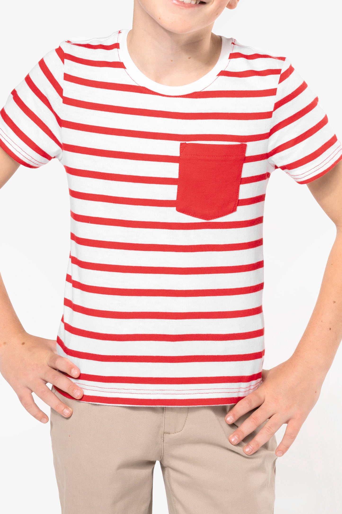 K379 - T-shirt bambino manica corta a righe stile marinaio con tasca
