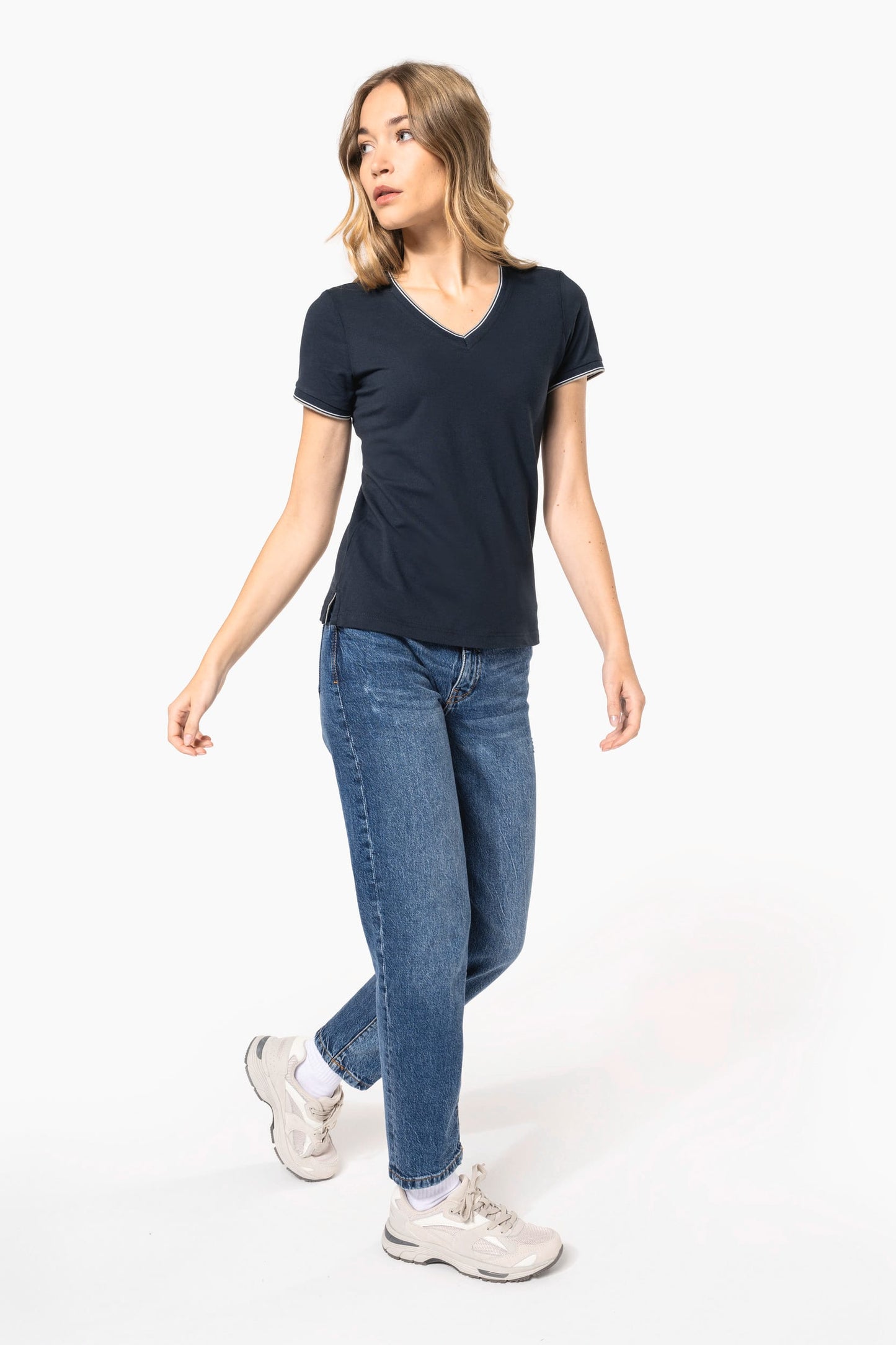 K394 - T-shirt piqué donna scollo a V