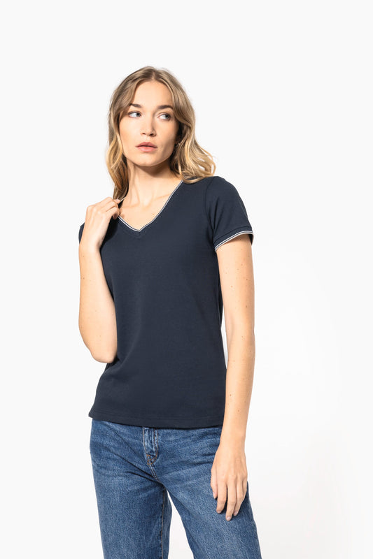 K394 - T-shirt piqué donna scollo a V