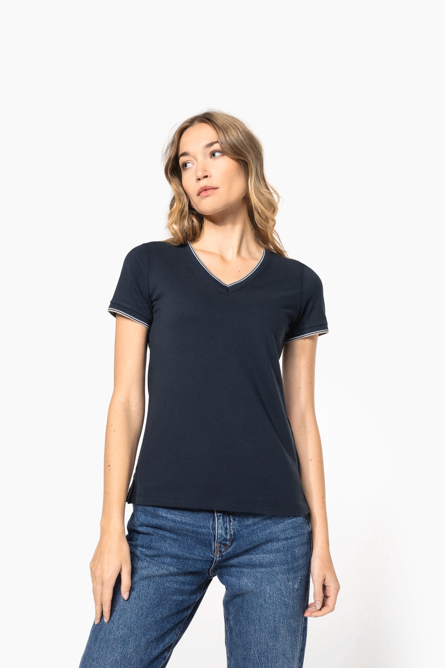 K394 - T-shirt piqué donna scollo a V