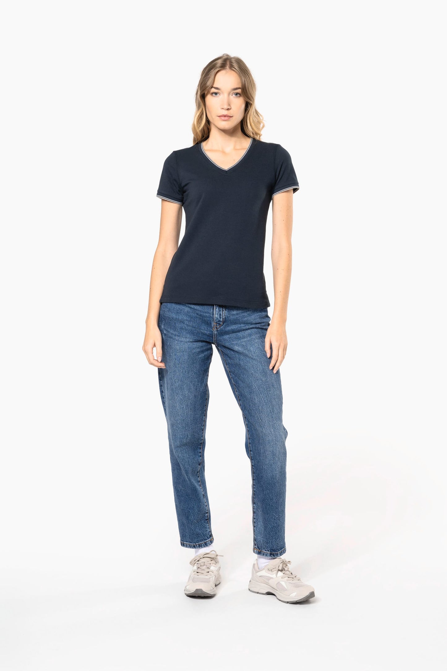 K394 - T-shirt piqué donna scollo a V