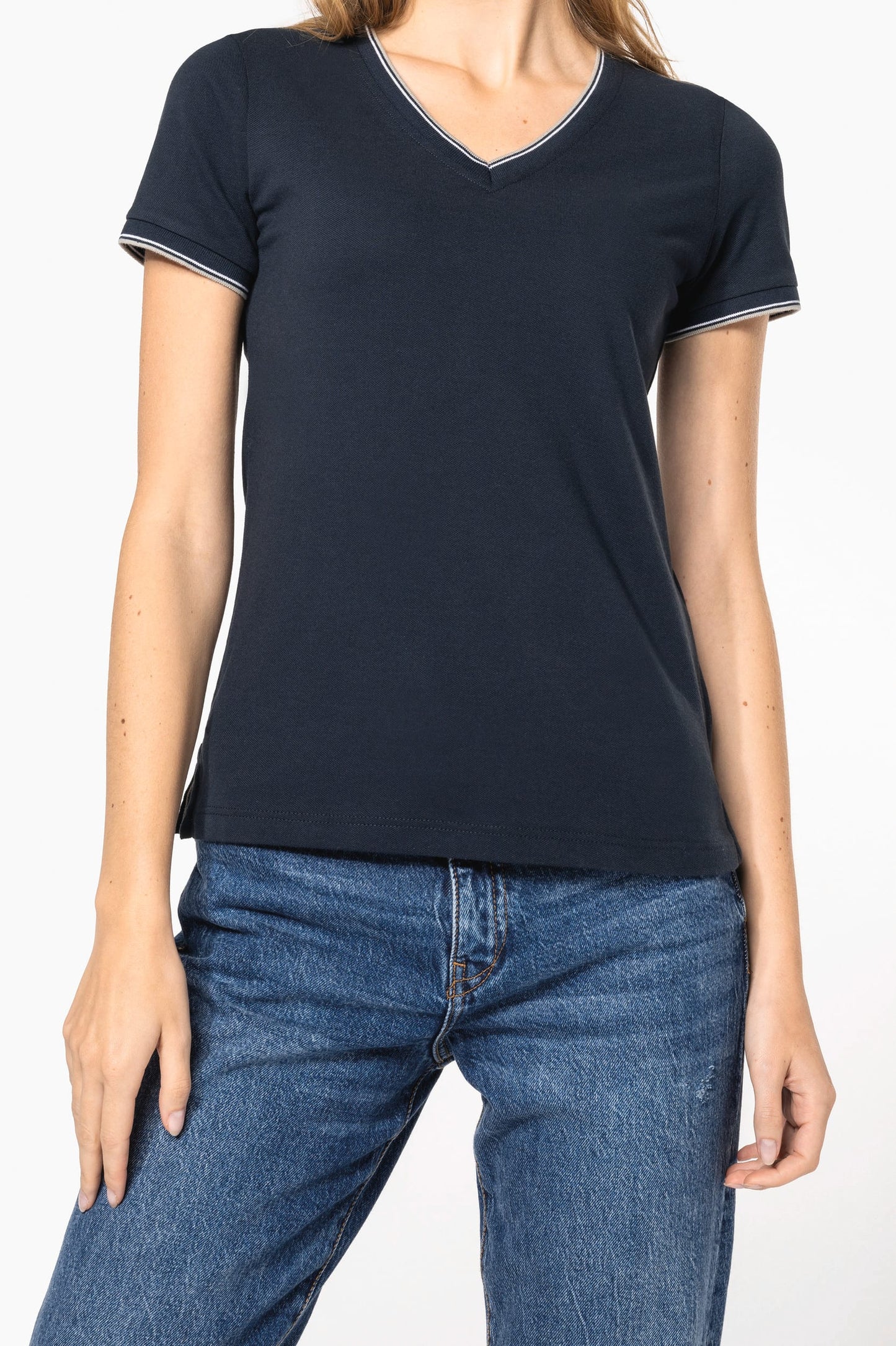 K394 - T-shirt piqué donna scollo a V