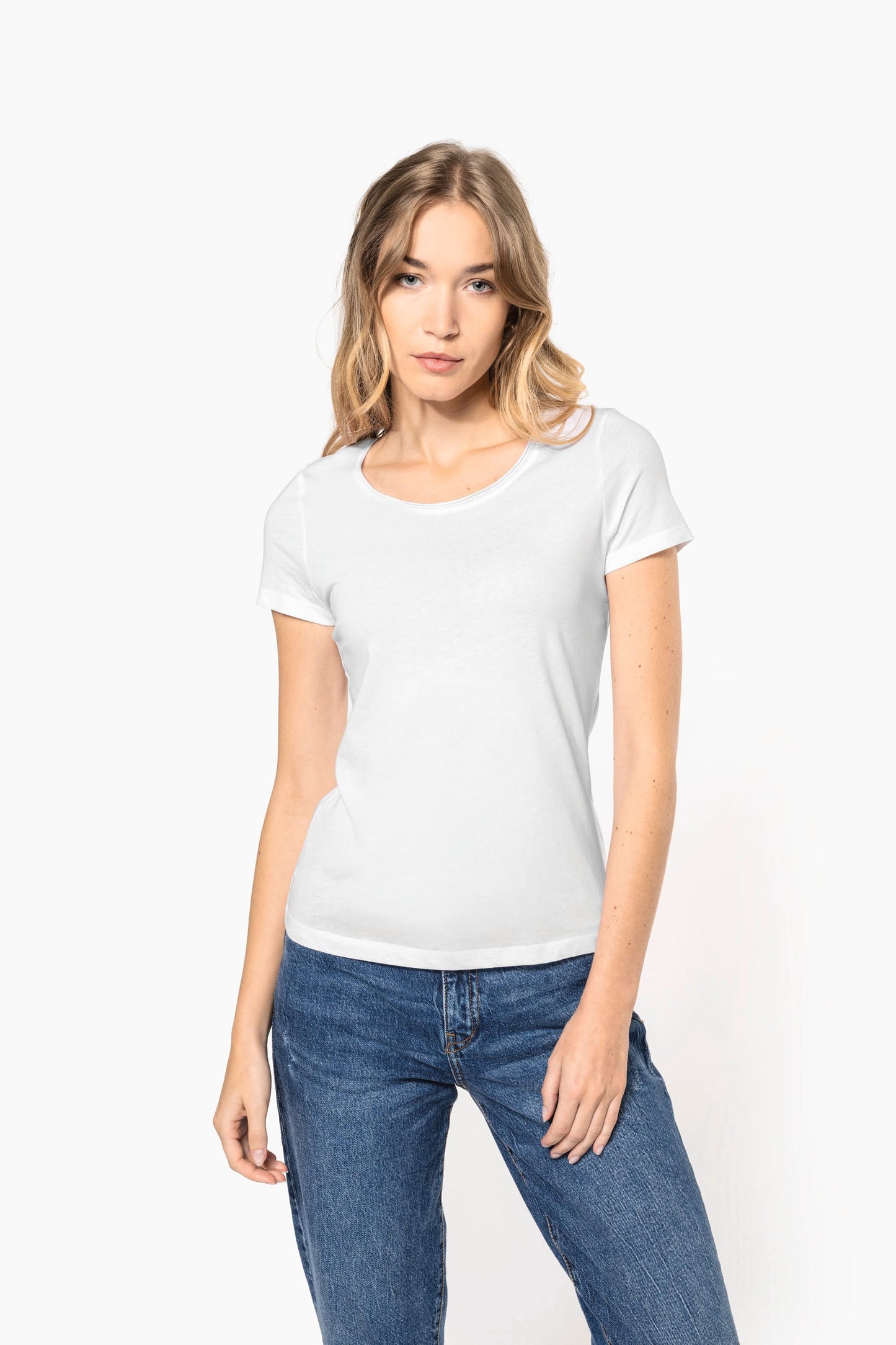 K399C - T-shirt bio donna maniche corte e collo con bordi a taglio vivo