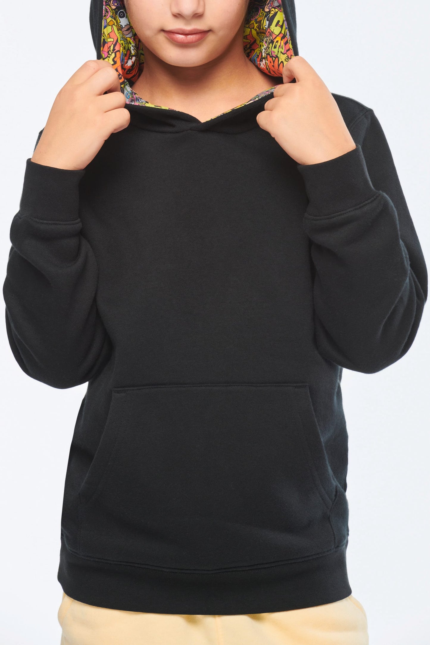 K4014 - Felpa bambino unisex con cappuccio a contrasto con motivi