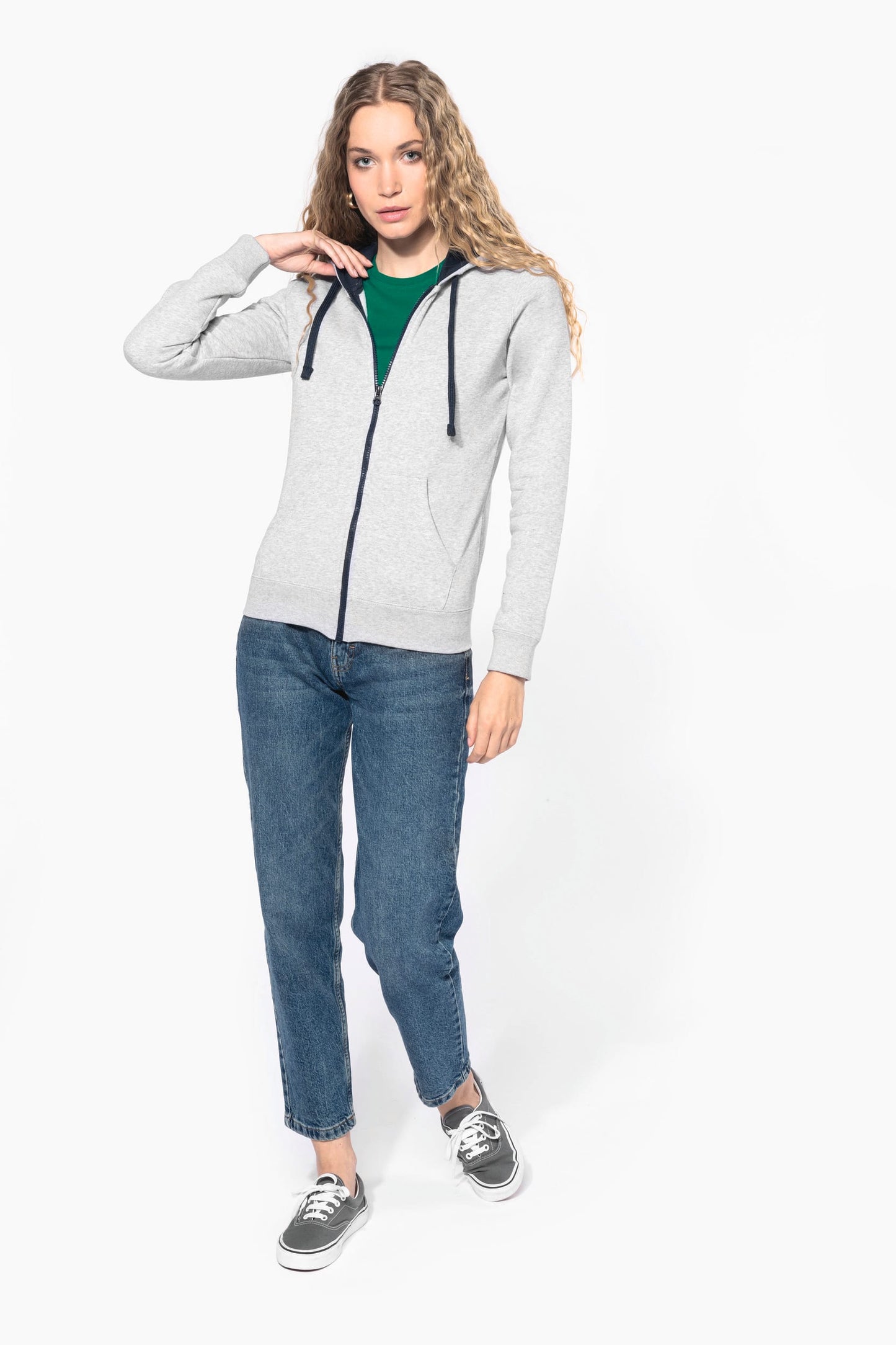 K467 - Felpa donna con cappuccio a contrasto full zip