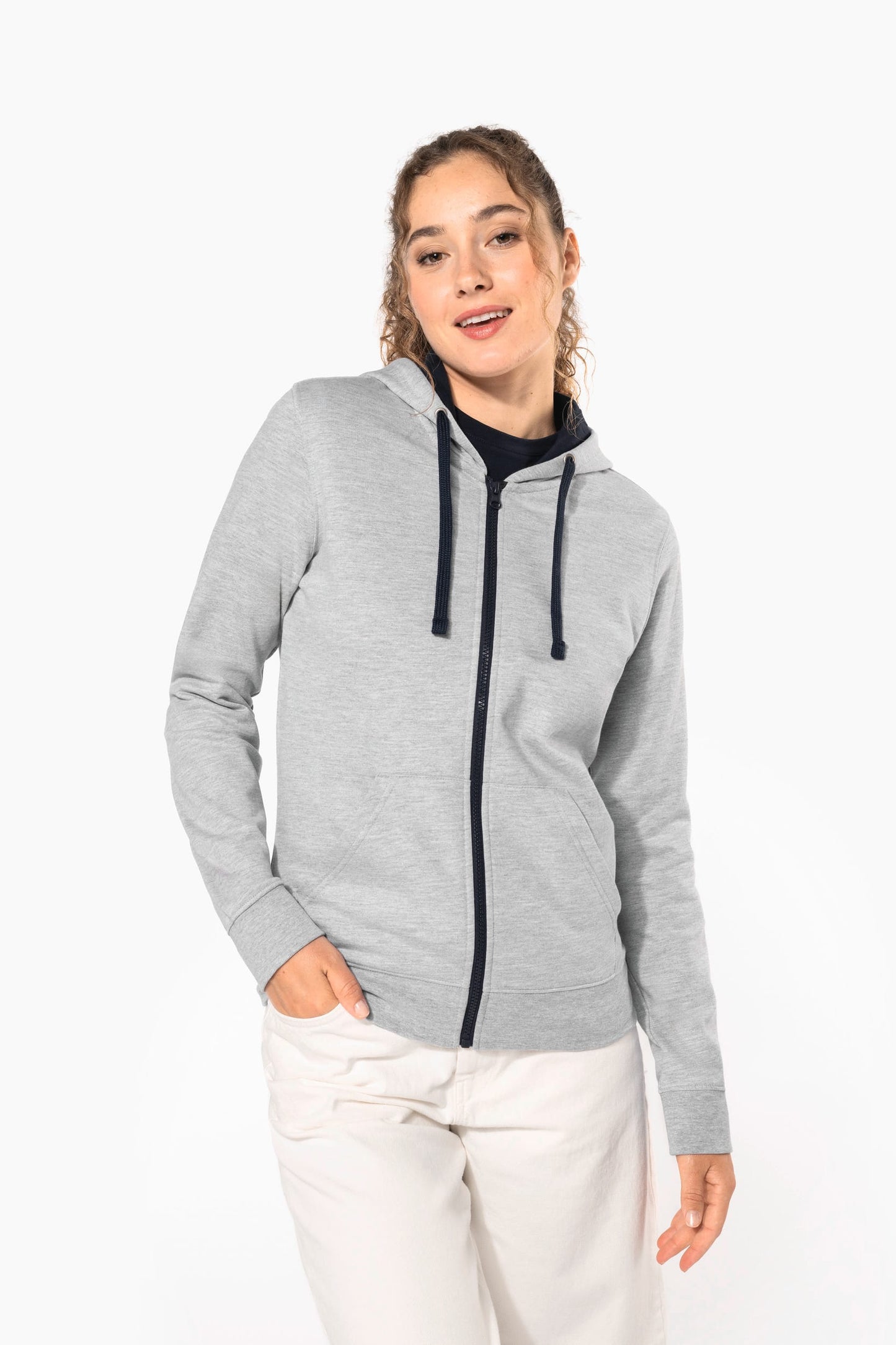 K467 - Felpa donna con cappuccio a contrasto full zip