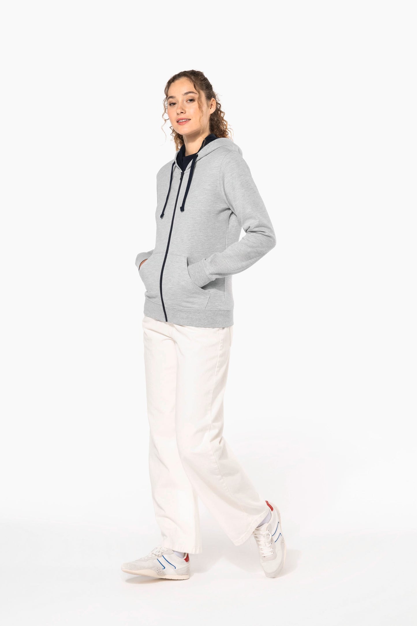 K467 - Felpa donna con cappuccio a contrasto full zip