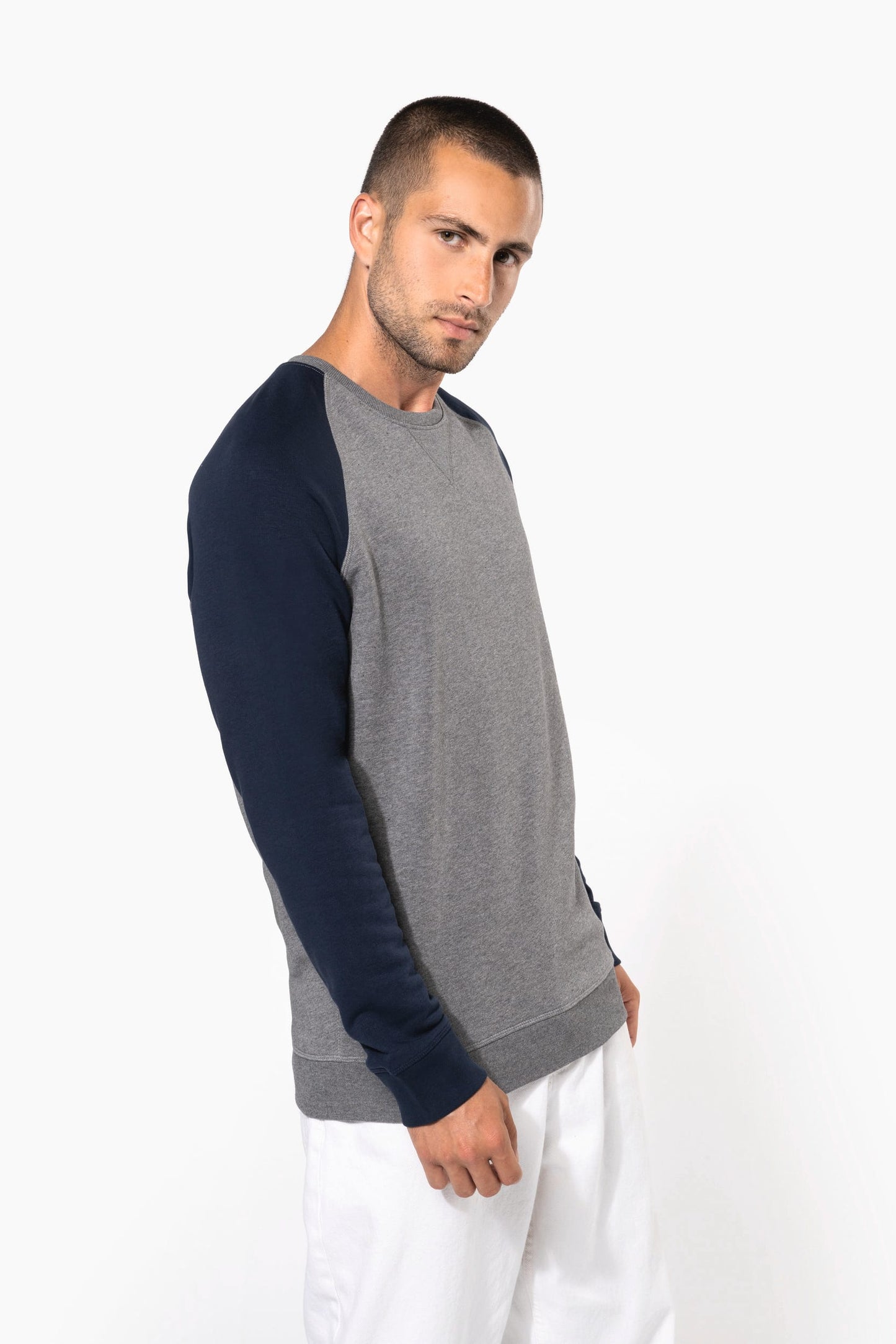 K491 - Felpa uomo BIO French Terry bicolore girocollo e manica raglan NON GARZATA