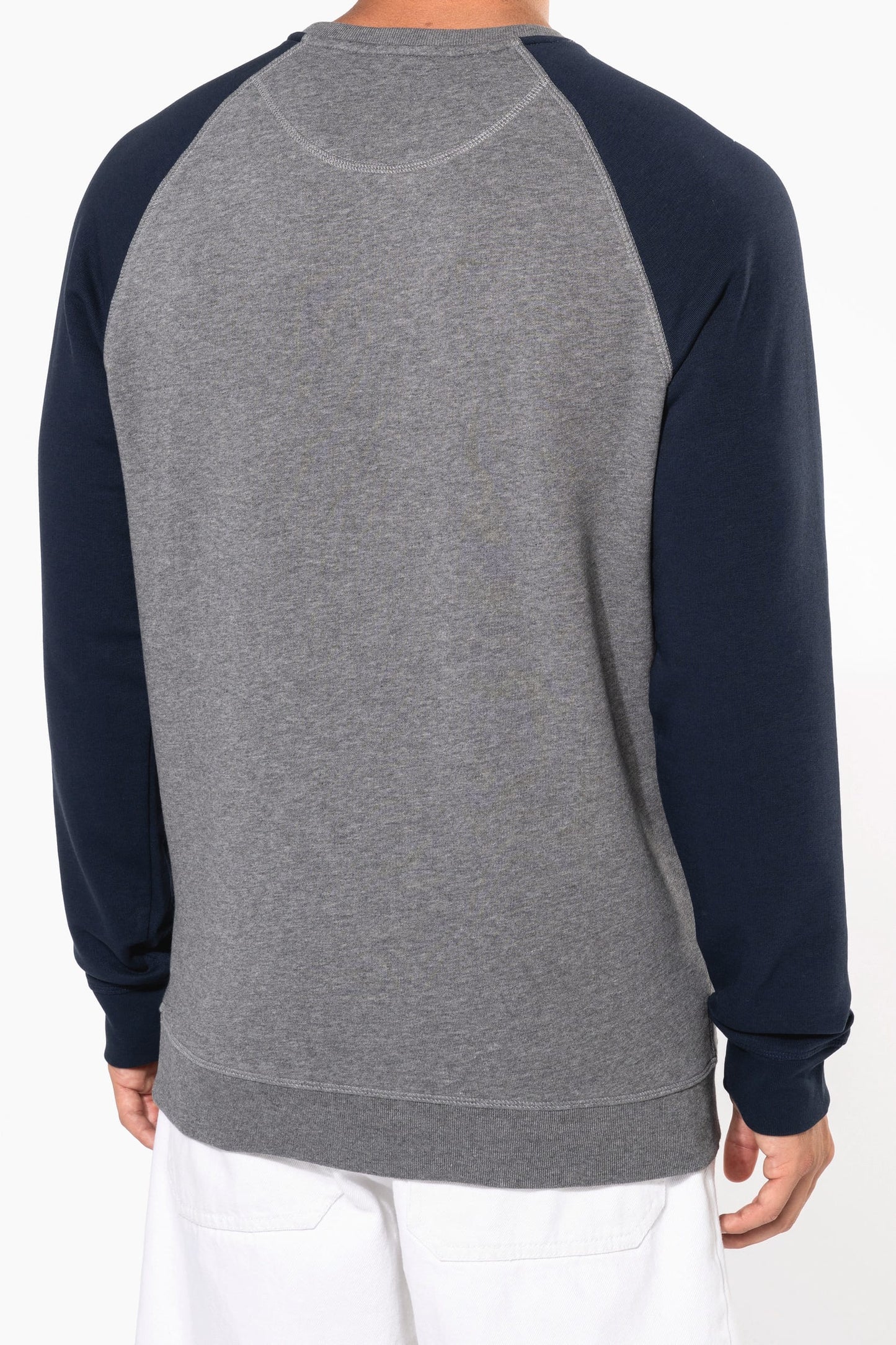 K491 - Felpa uomo BIO French Terry bicolore girocollo e manica raglan NON GARZATA