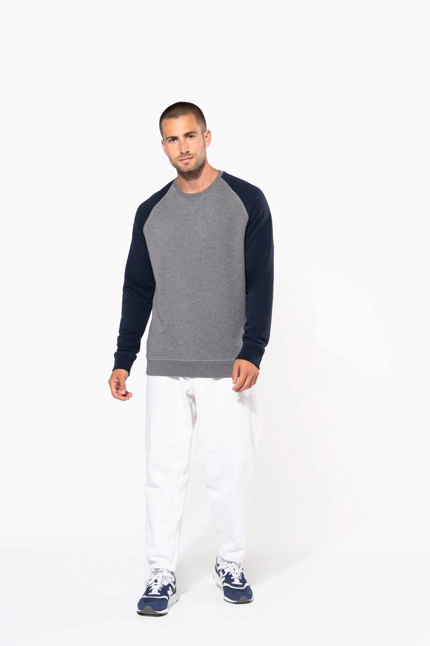 K491 - Felpa uomo BIO French Terry bicolore girocollo e manica raglan NON GARZATA