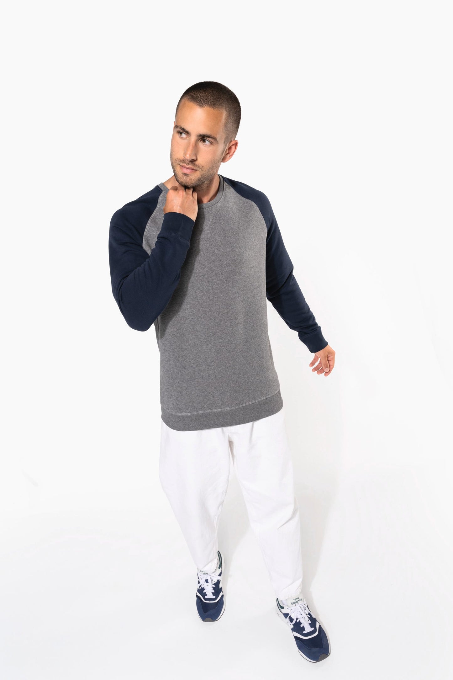 K491 - Felpa uomo BIO French Terry bicolore girocollo e manica raglan NON GARZATA