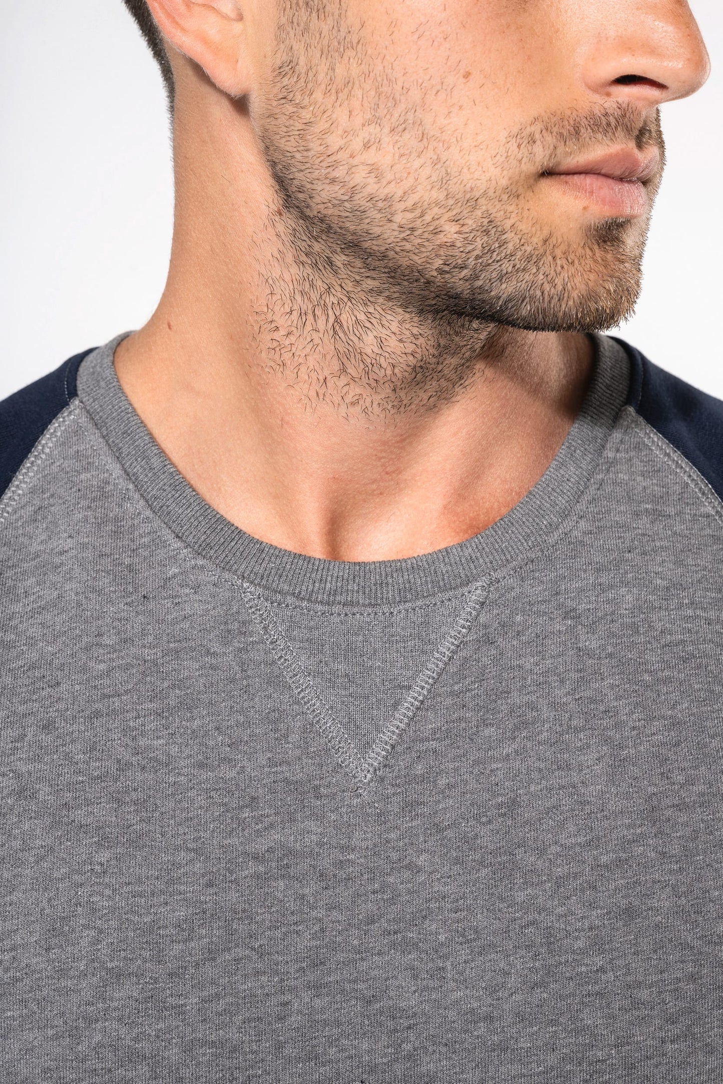 K491 - Felpa uomo BIO French Terry bicolore girocollo e manica raglan NON GARZATA