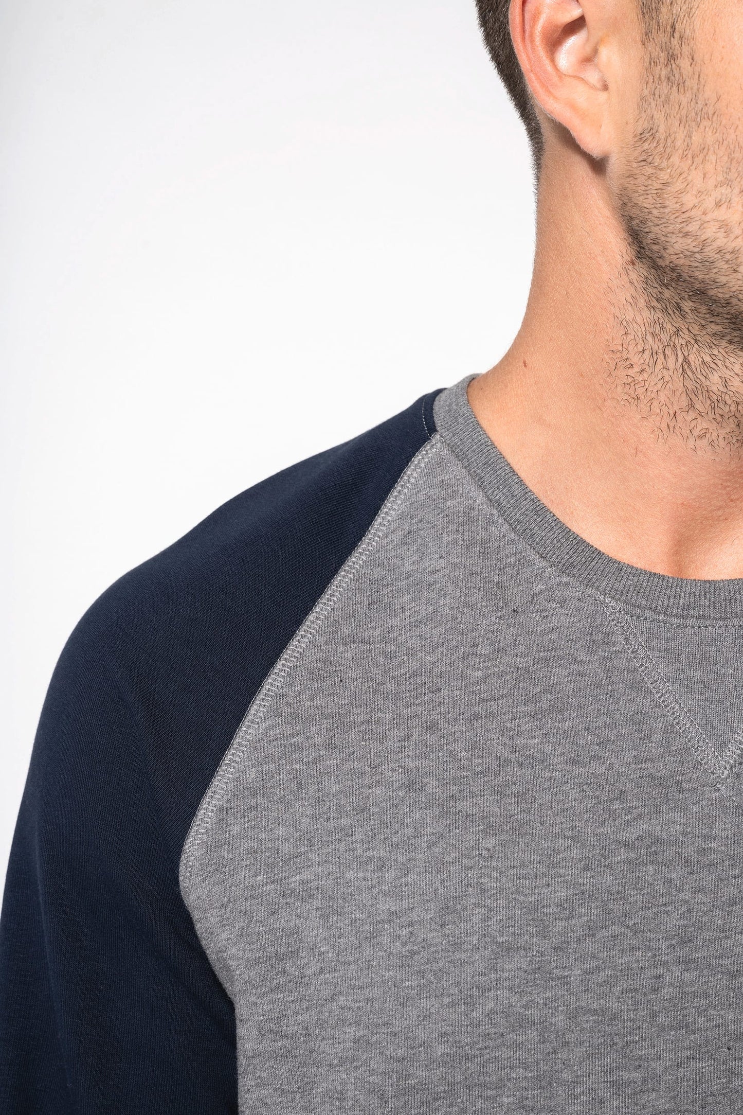 K491 - Felpa uomo BIO French Terry bicolore girocollo e manica raglan NON GARZATA