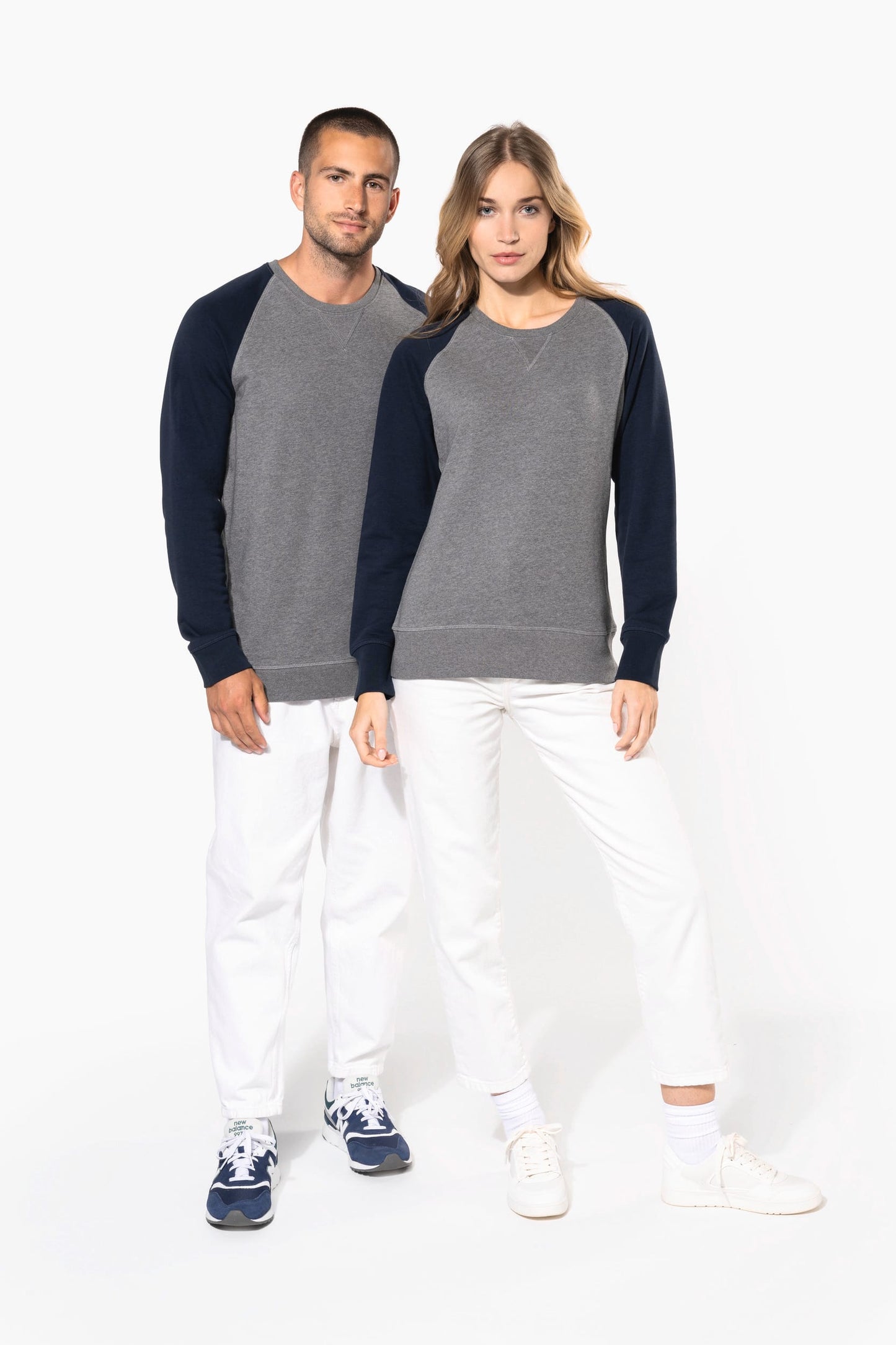 K491 - Felpa uomo BIO French Terry bicolore girocollo e manica raglan NON GARZATA