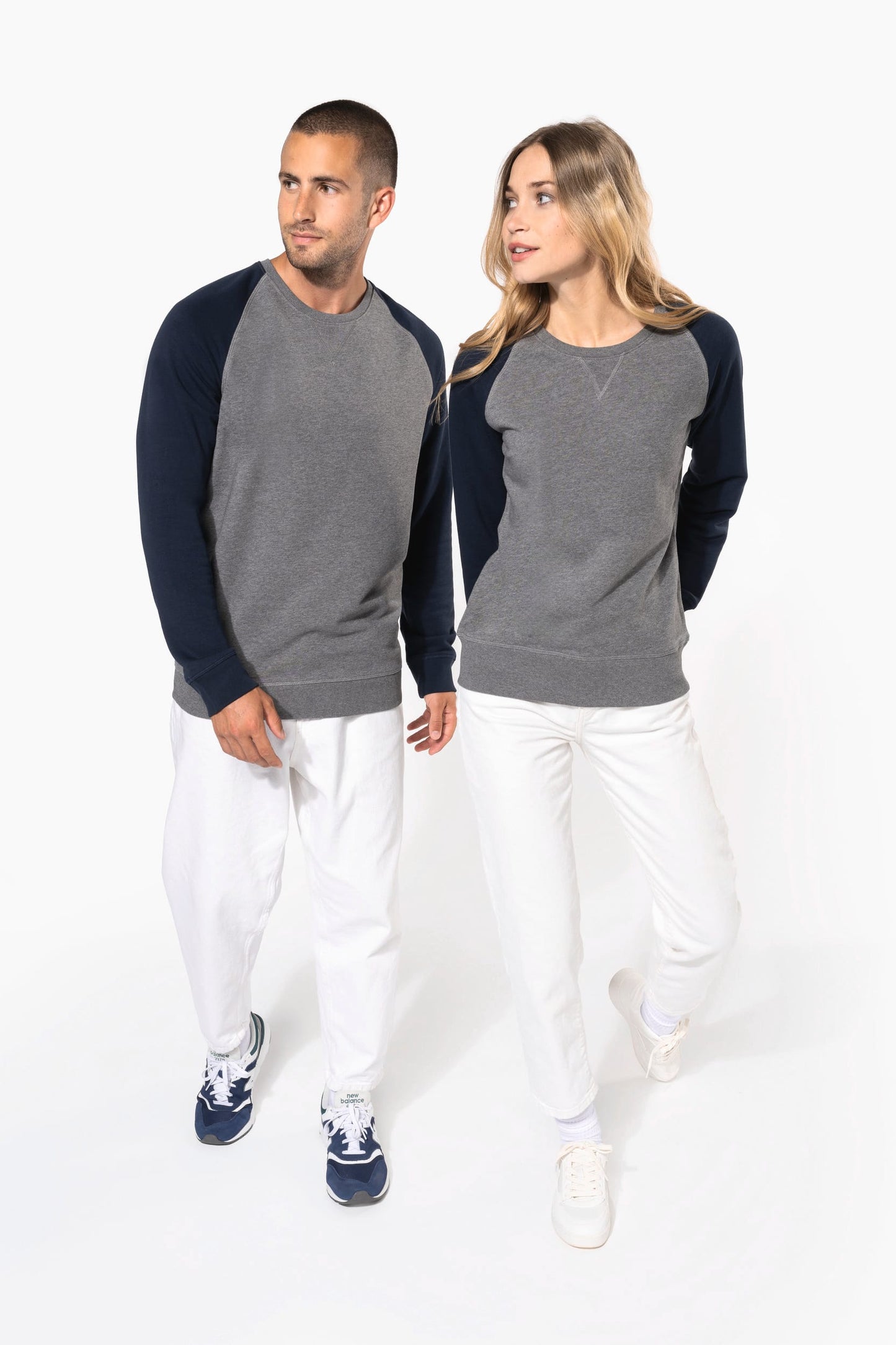 K491 - Felpa uomo BIO French Terry bicolore girocollo e manica raglan NON GARZATA