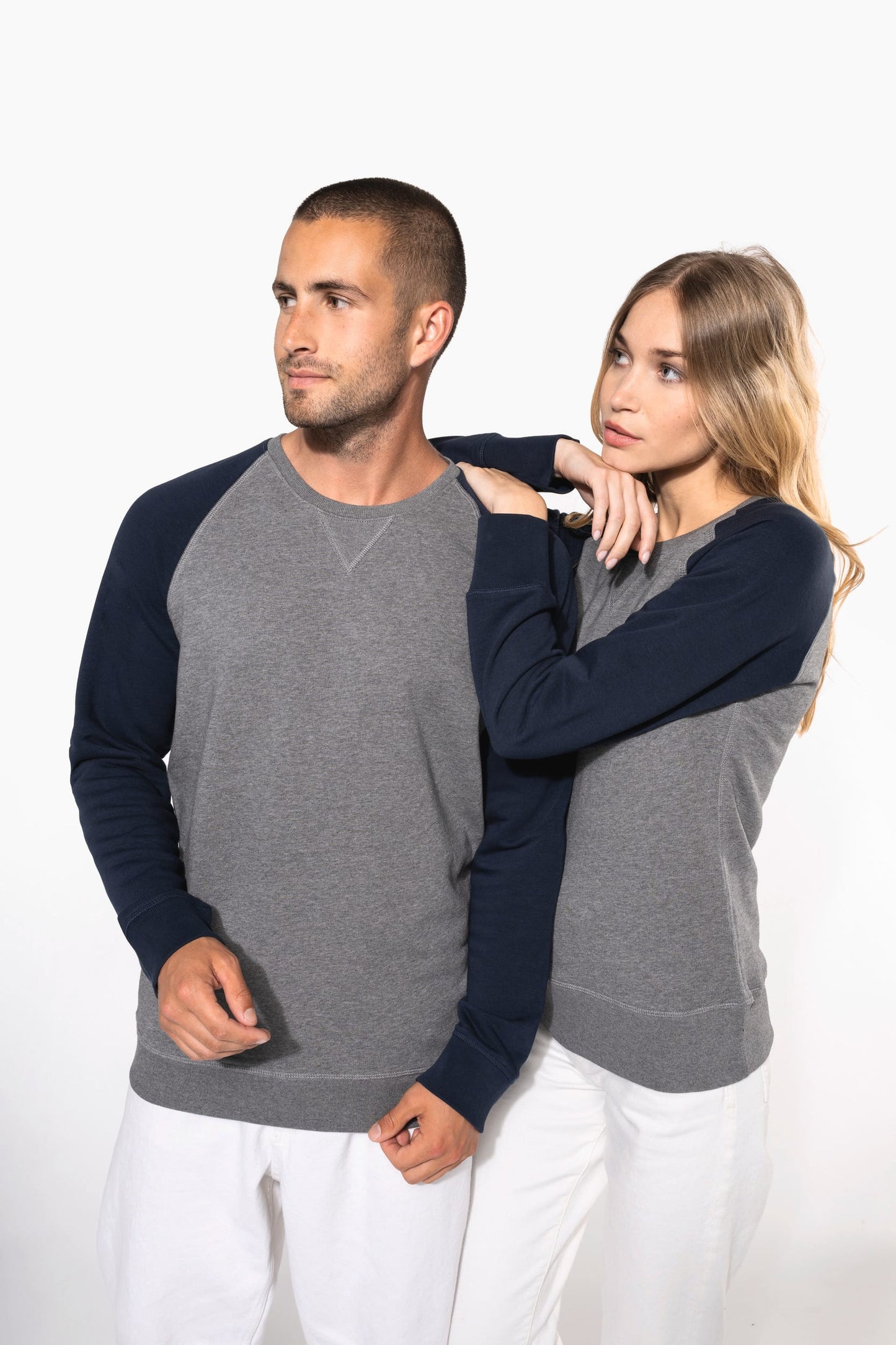 K491 - Felpa uomo BIO French Terry bicolore girocollo e manica raglan NON GARZATA