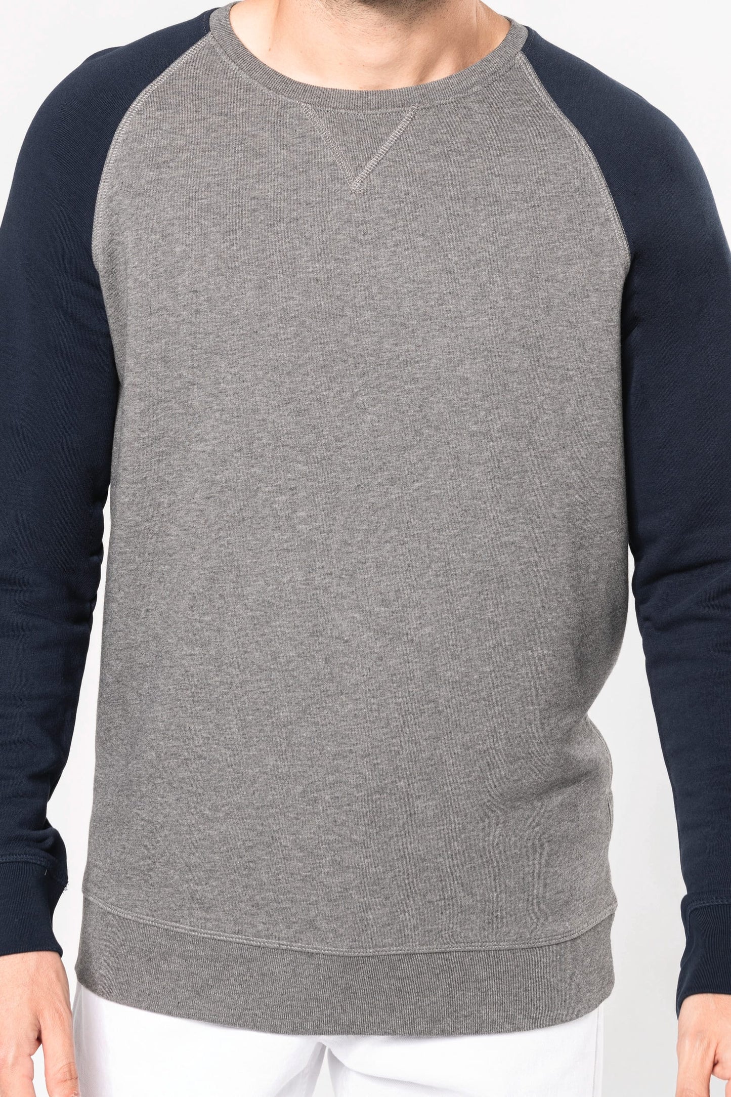 K491 - Felpa uomo BIO French Terry bicolore girocollo e manica raglan NON GARZATA