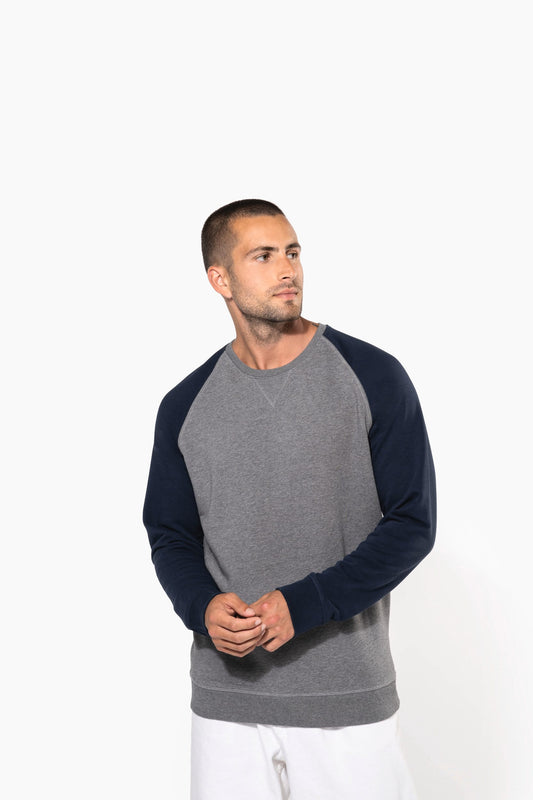 K491 - Felpa uomo BIO French Terry bicolore girocollo e manica raglan NON GARZATA