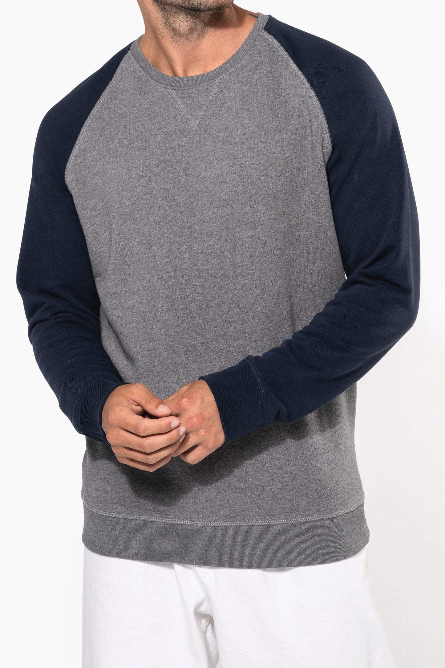 K491 - Felpa uomo BIO French Terry bicolore girocollo e manica raglan NON GARZATA