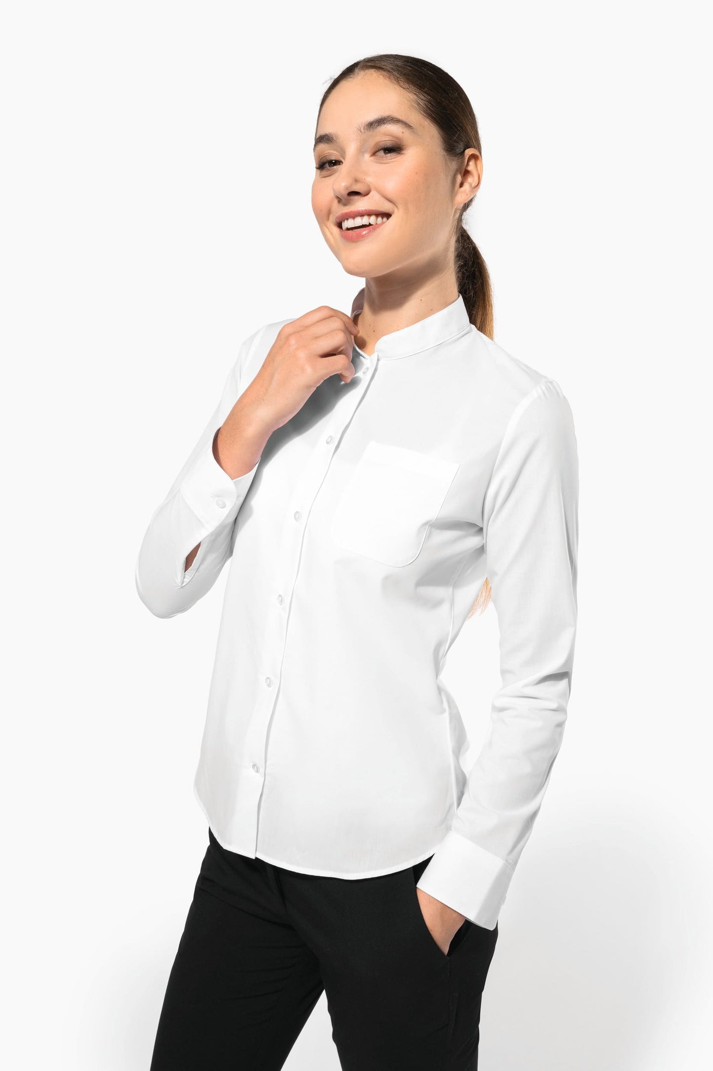 K514C - Camicia donna collo alla coreana manica lunga