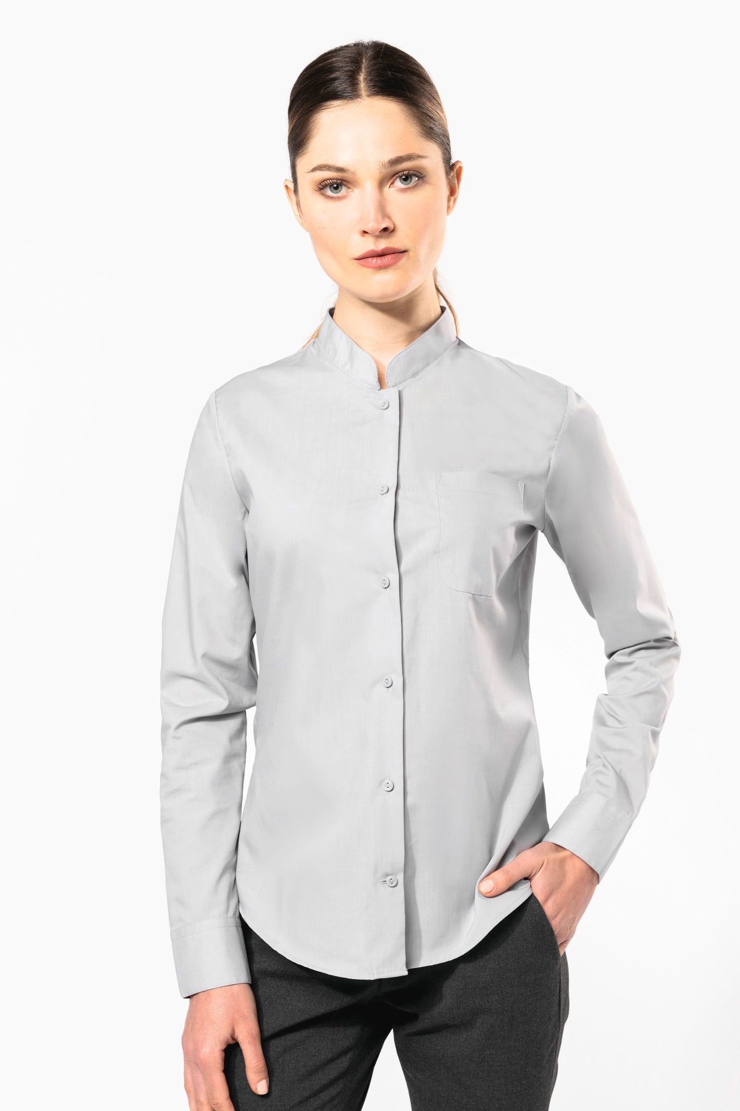 K514C - Camicia donna collo alla coreana manica lunga