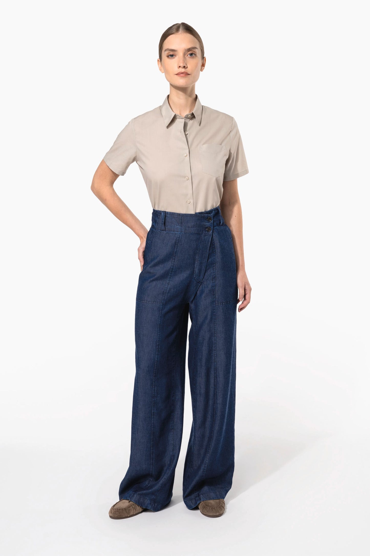 K548 - Camicia popeline policotone donna maniche corte facile da lavare