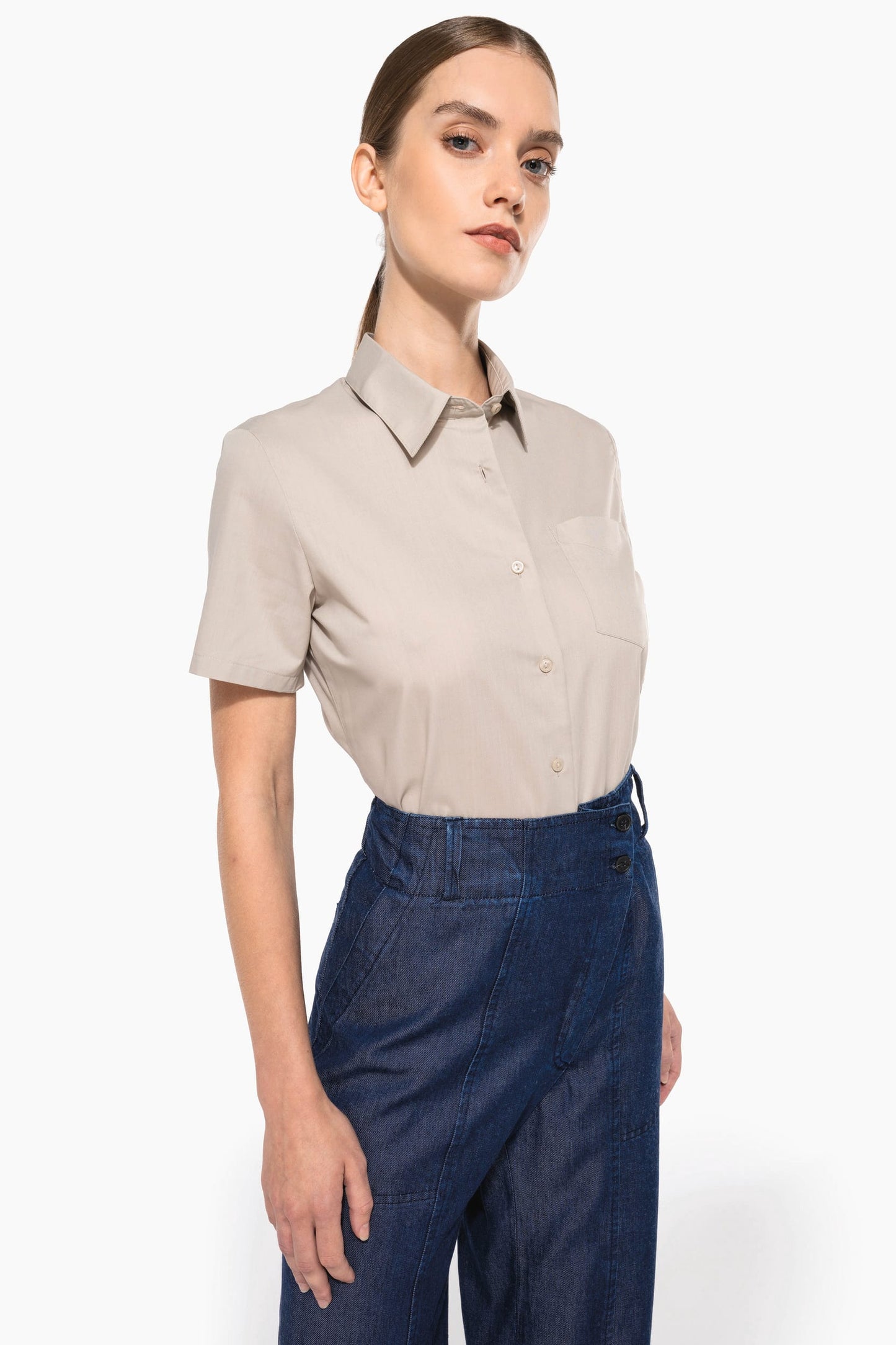 K548 - Camicia popeline policotone donna maniche corte facile da lavare